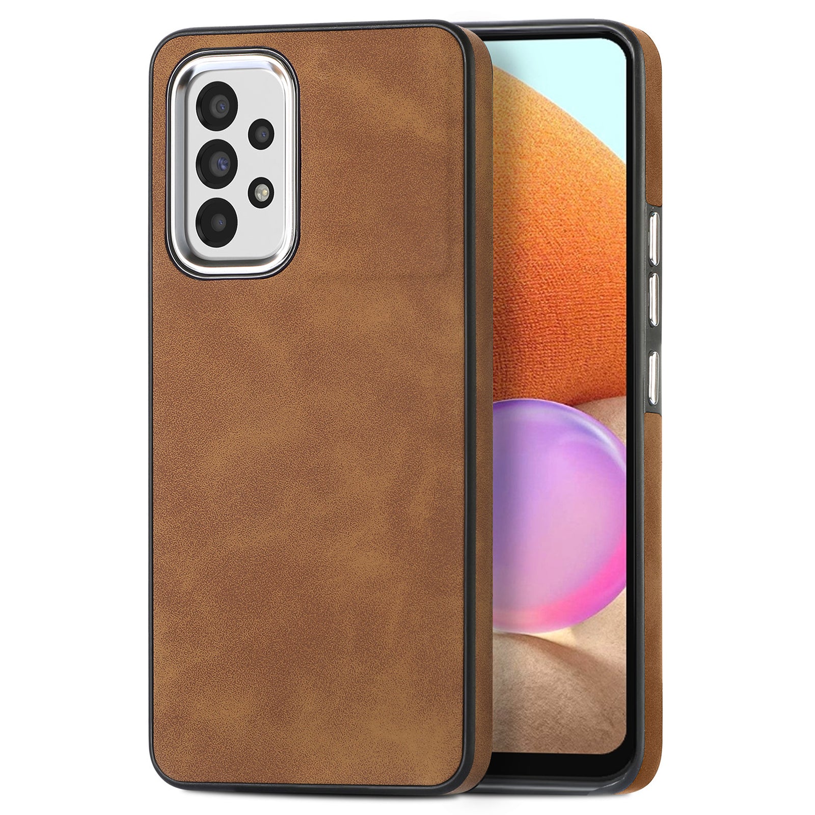 For Samsung Galaxy A32 4G (EU Version) Skin-touch Non-Slip Cover PU Leather Coated TPU Phone Case with Electroplating Camera Frame