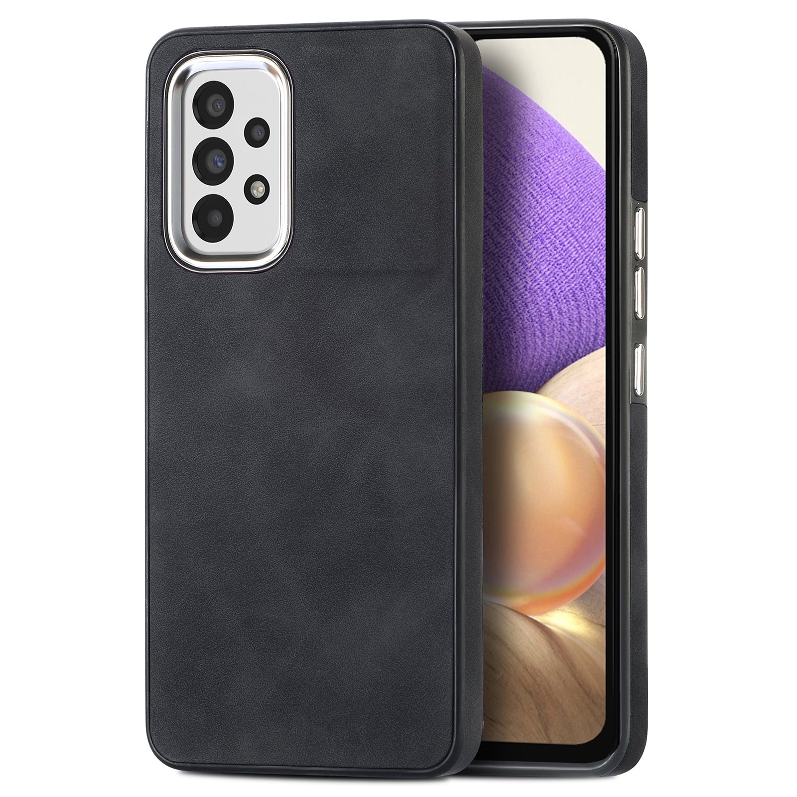 For Samsung Galaxy A32 5G Non-Slip Grip Phone Case Electroplating Camera Frame PU Leather Coated TPU Skin-touch Cover