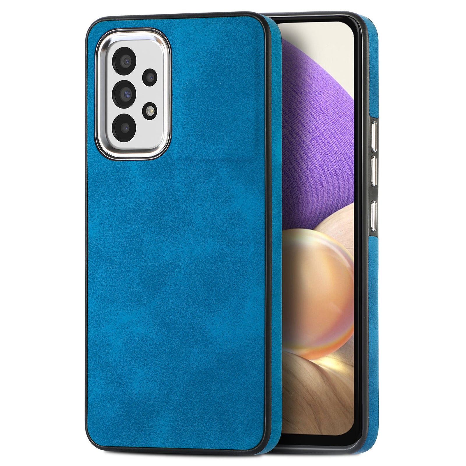 For Samsung Galaxy A32 5G Non-Slip Grip Phone Case Electroplating Camera Frame PU Leather Coated TPU Skin-touch Cover