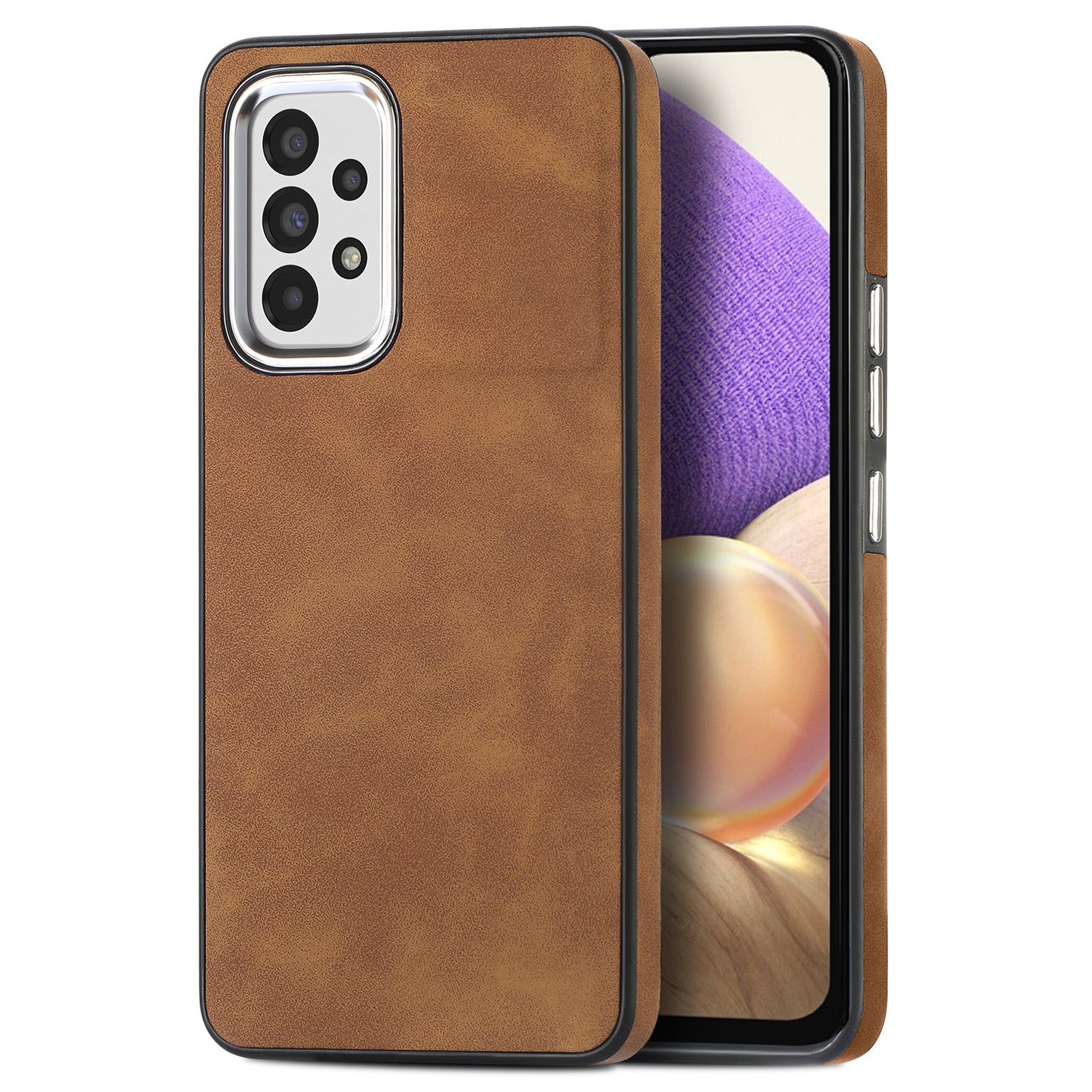 For Samsung Galaxy A32 5G Non-Slip Grip Phone Case Electroplating Camera Frame PU Leather Coated TPU Skin-touch Cover