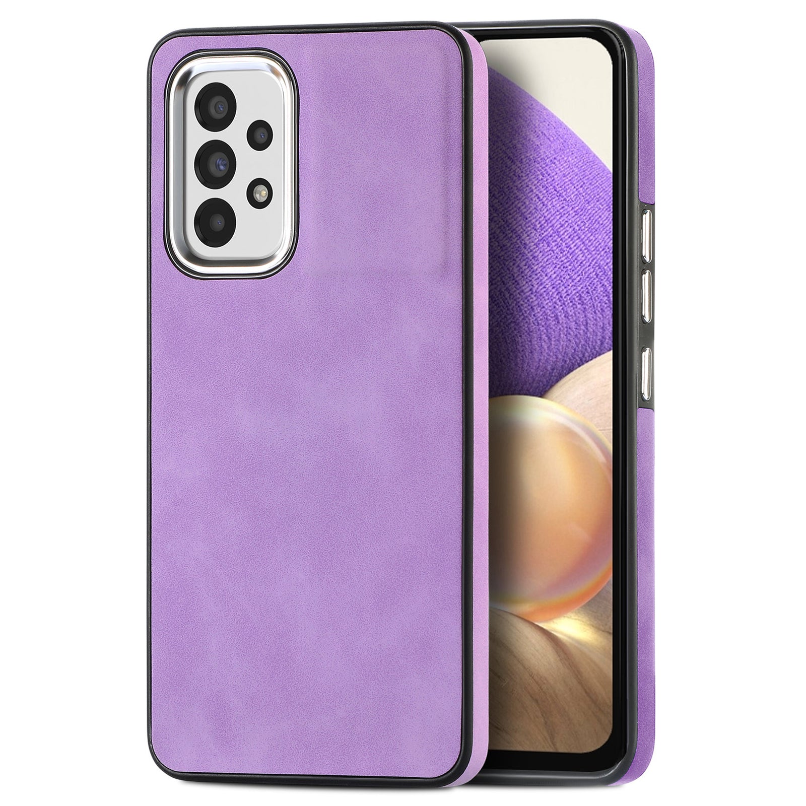 For Samsung Galaxy A32 5G Non-Slip Grip Phone Case Electroplating Camera Frame PU Leather Coated TPU Skin-touch Cover