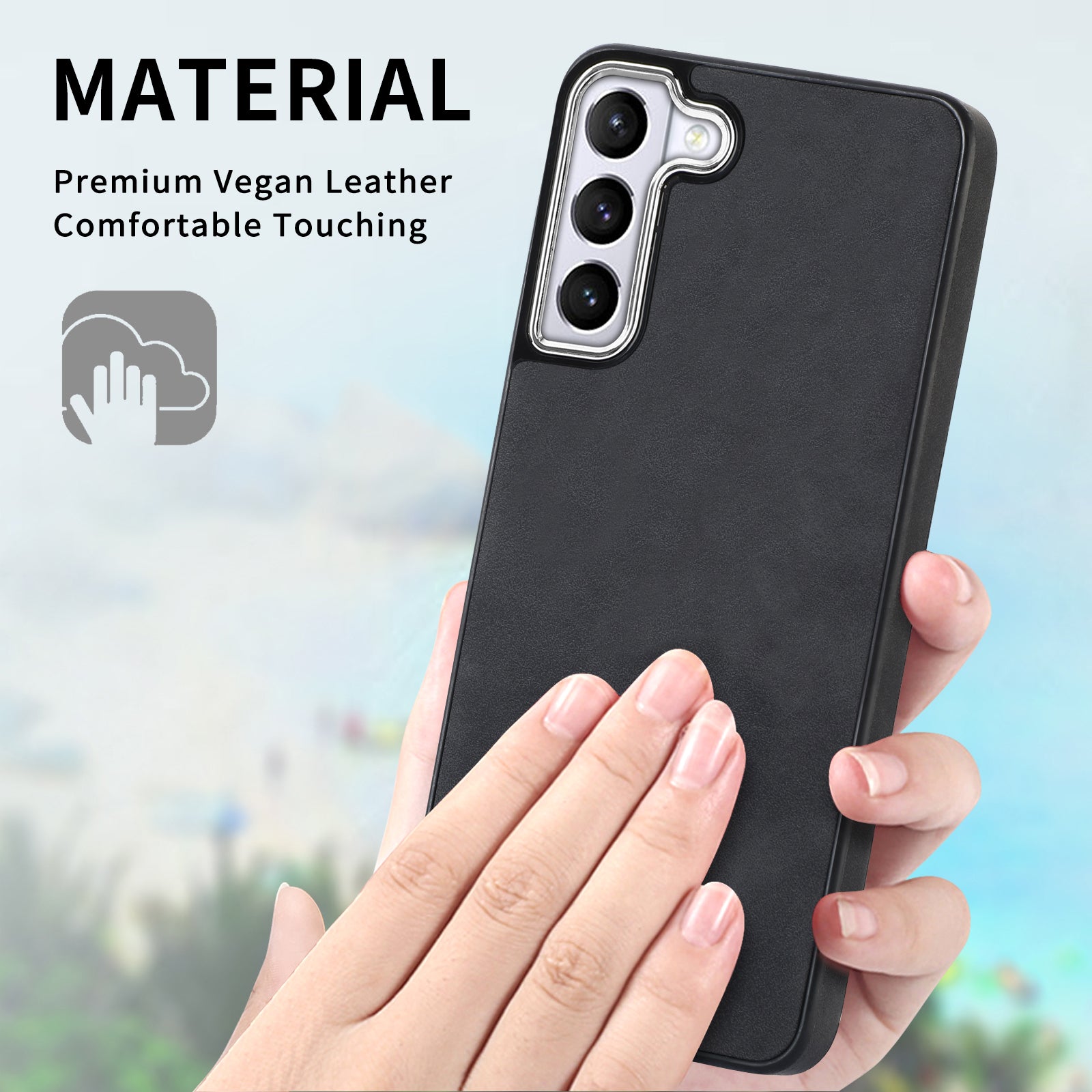 For Samsung Galaxy S22 5G PU Leather TPU Skin-touch Cover Electroplating Camera Frame Shockproof Phone Case