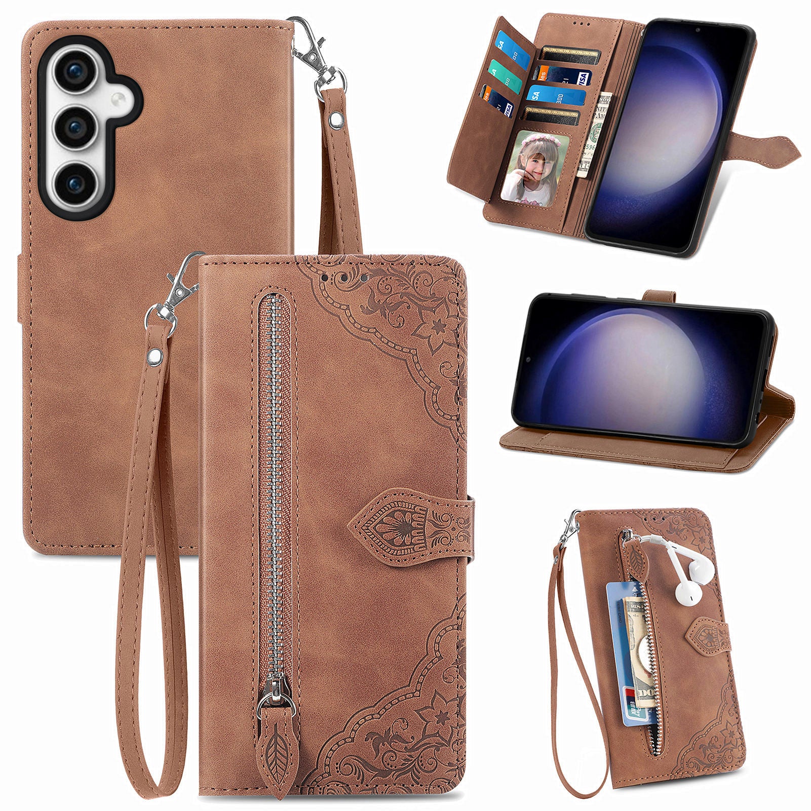 For Samsung Galaxy S23 FE Wallet Stand Zipper Pocket Phone Leather Case Flower Imprinted Phone Cover