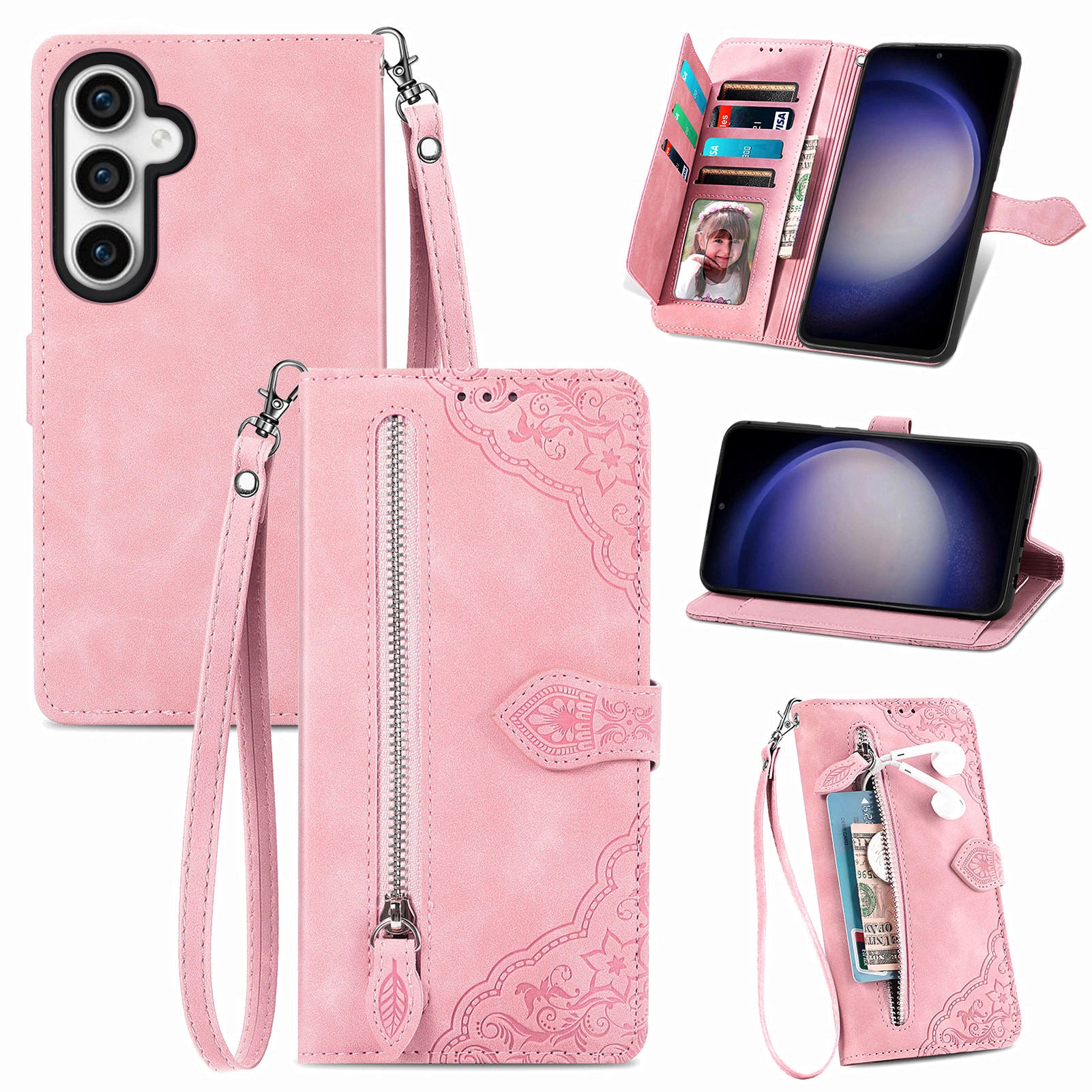 For Samsung Galaxy S23 FE Wallet Stand Zipper Pocket Phone Leather Case Flower Imprinted Phone Cover