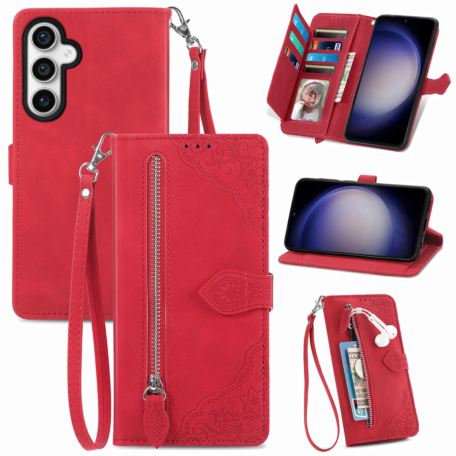 For Samsung Galaxy S23 FE Wallet Stand Zipper Pocket Phone Leather Case Flower Imprinted Phone Cover