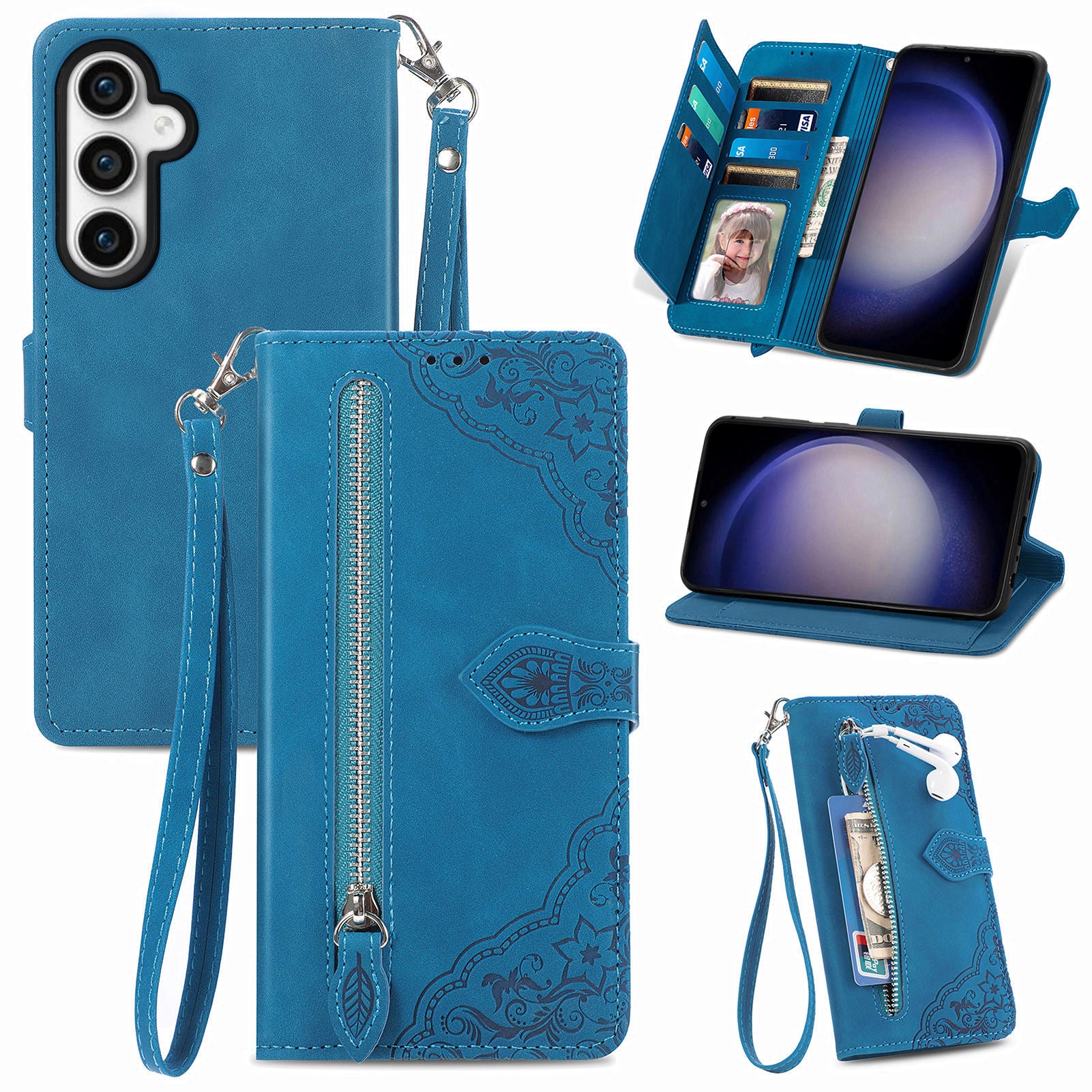For Samsung Galaxy S23 FE Wallet Stand Zipper Pocket Phone Leather Case Flower Imprinted Phone Cover