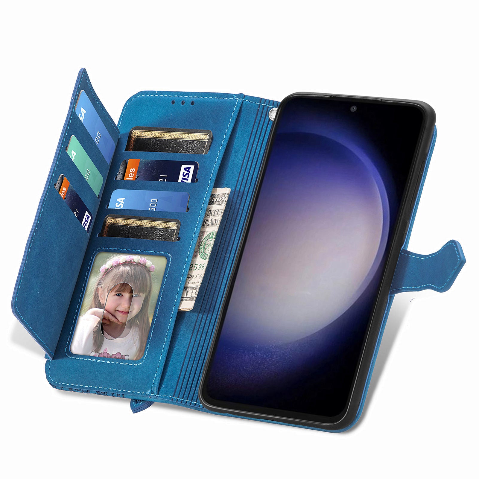 For Samsung Galaxy S23 FE Wallet Stand Zipper Pocket Phone Leather Case Flower Imprinted Phone Cover