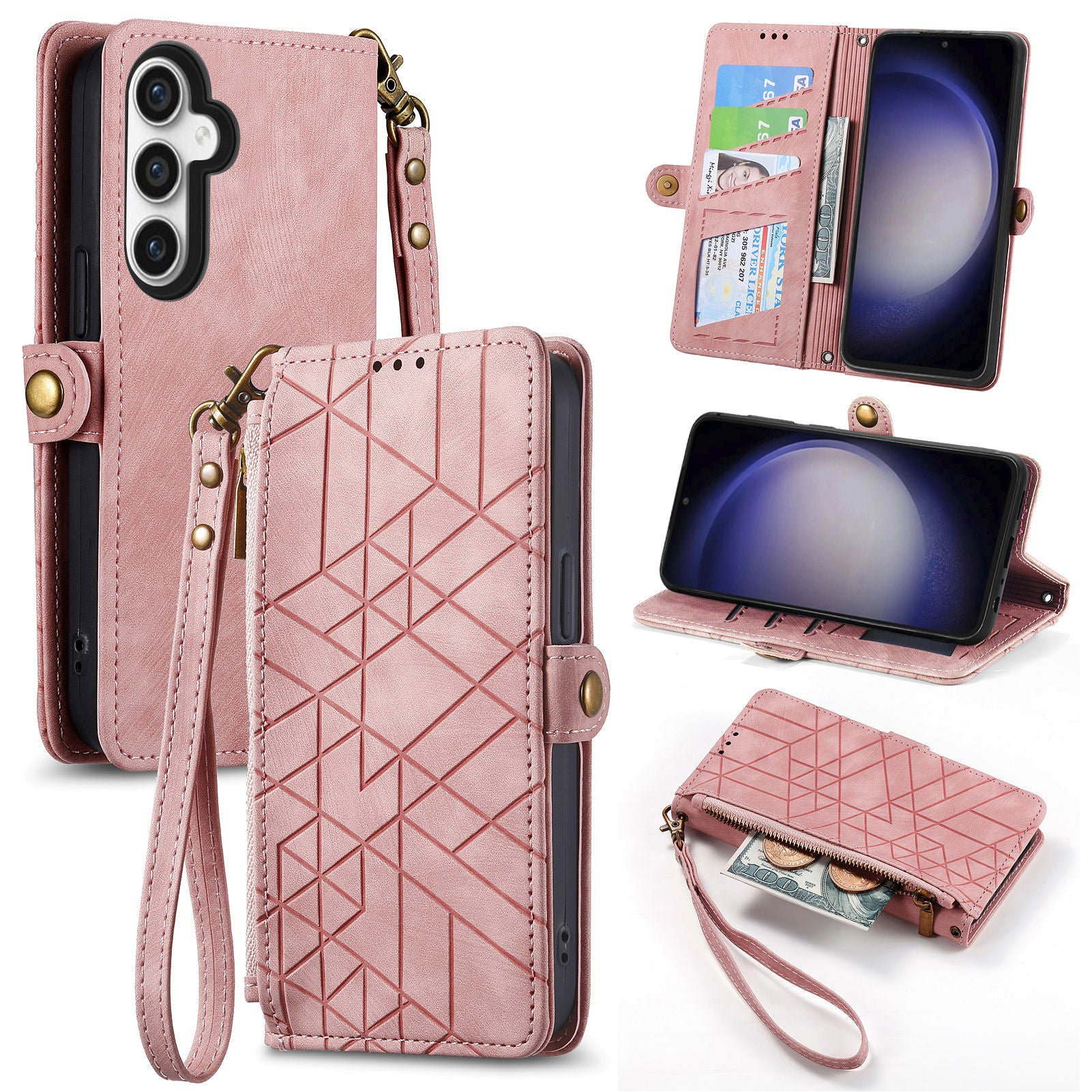 For Samsung Galaxy S23 FE PU Leather Phone Case Geometry Imprinted Wallet Zipper Pocket Stand Cover with Strap