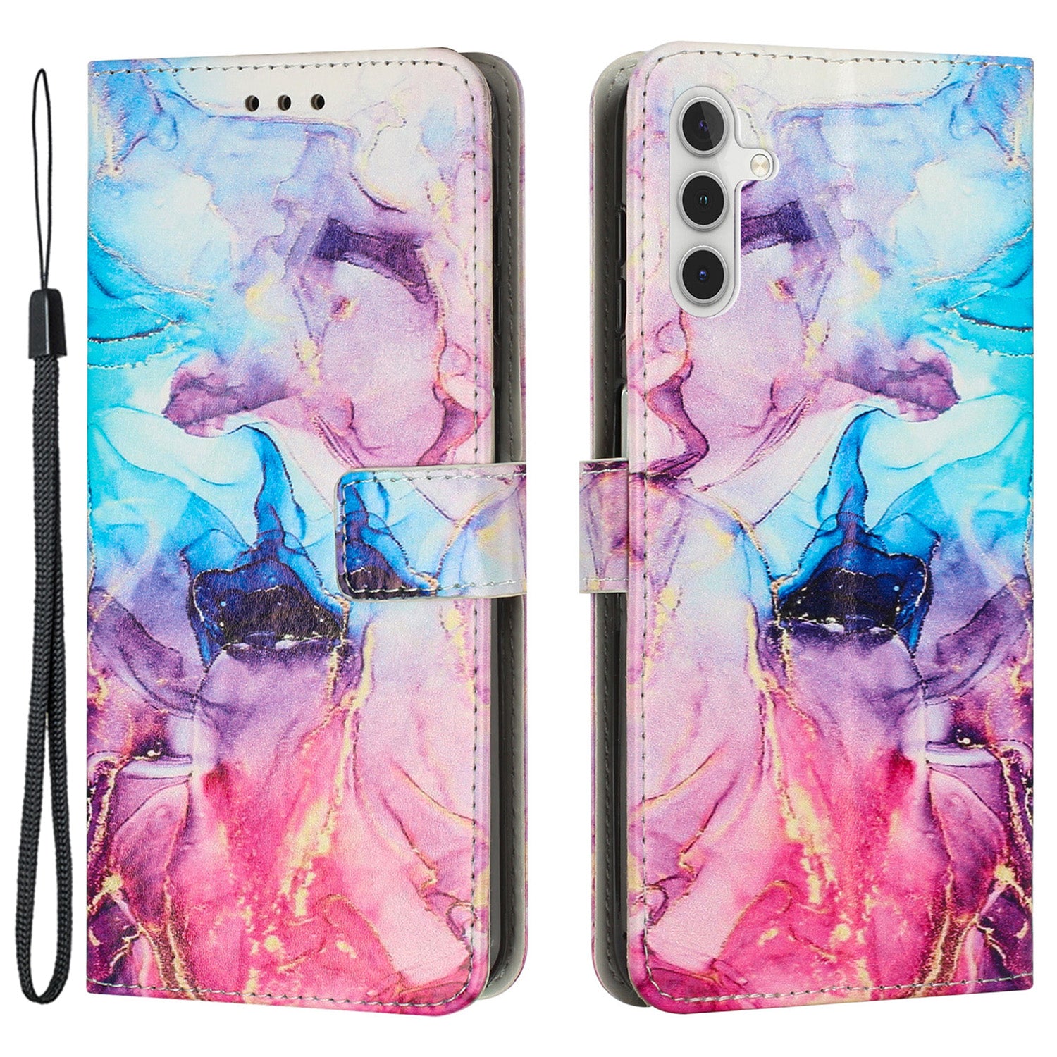 Leather Case for Samsung Galaxy S23 FE Stand Marble Pattern Phone Wallet Cover with Wrist Strap