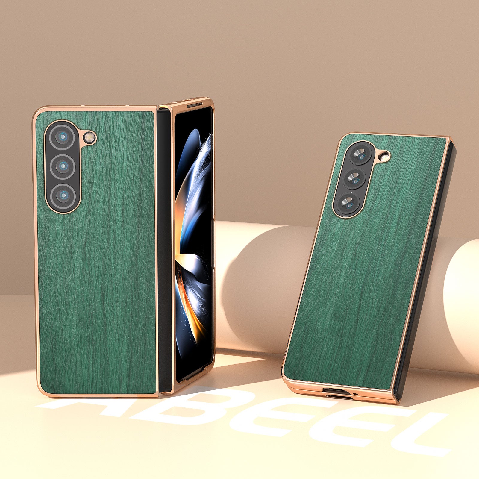 For Samsung Galaxy Z Fold5 5G Wood Grain Phone Case PU Leather Coated PC Shockproof Electroplating Cover