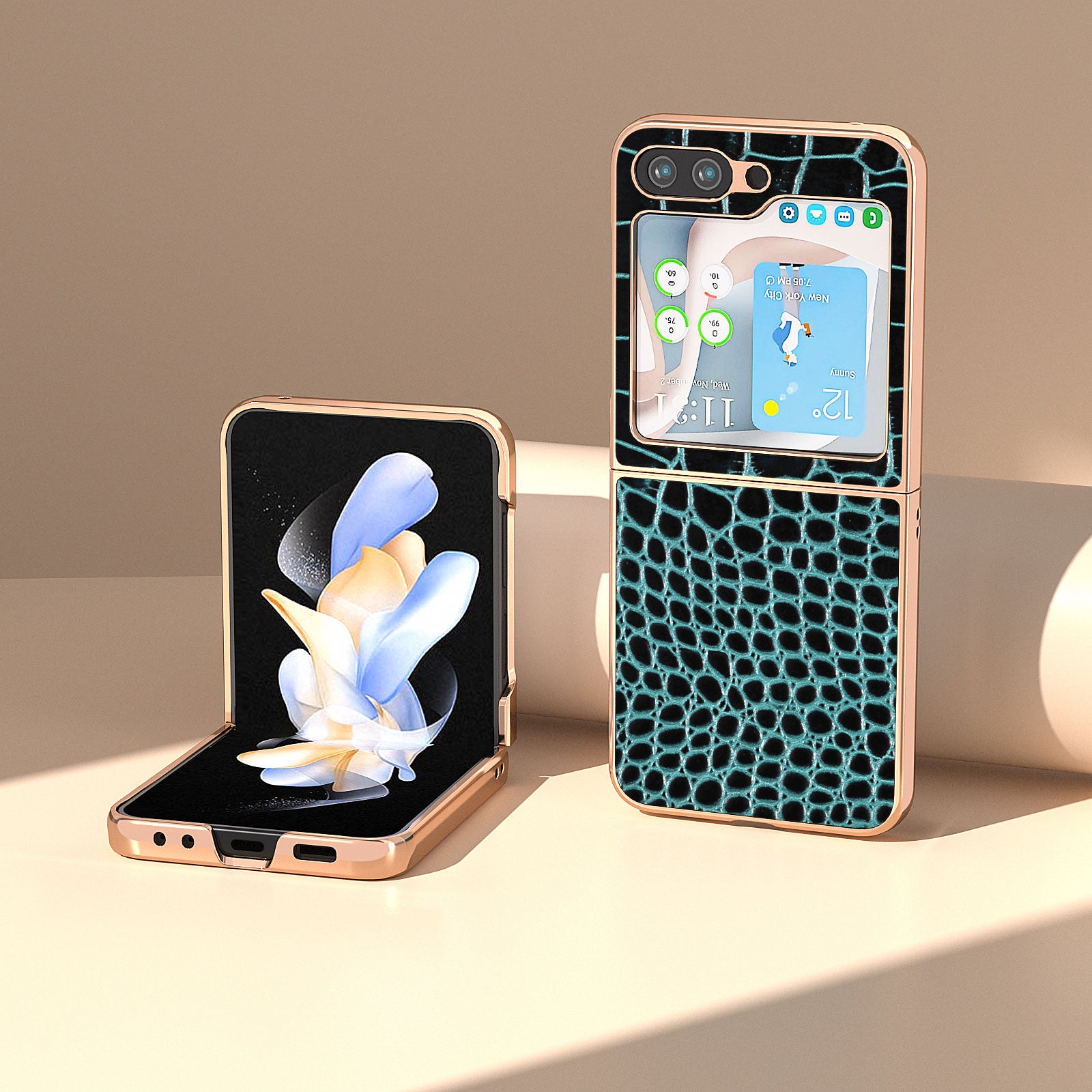 For Samsung Galaxy Z Flip5 5G Electroplating Phone Case Crocodile Texture Genuine Cow Leather Coated PC Cover