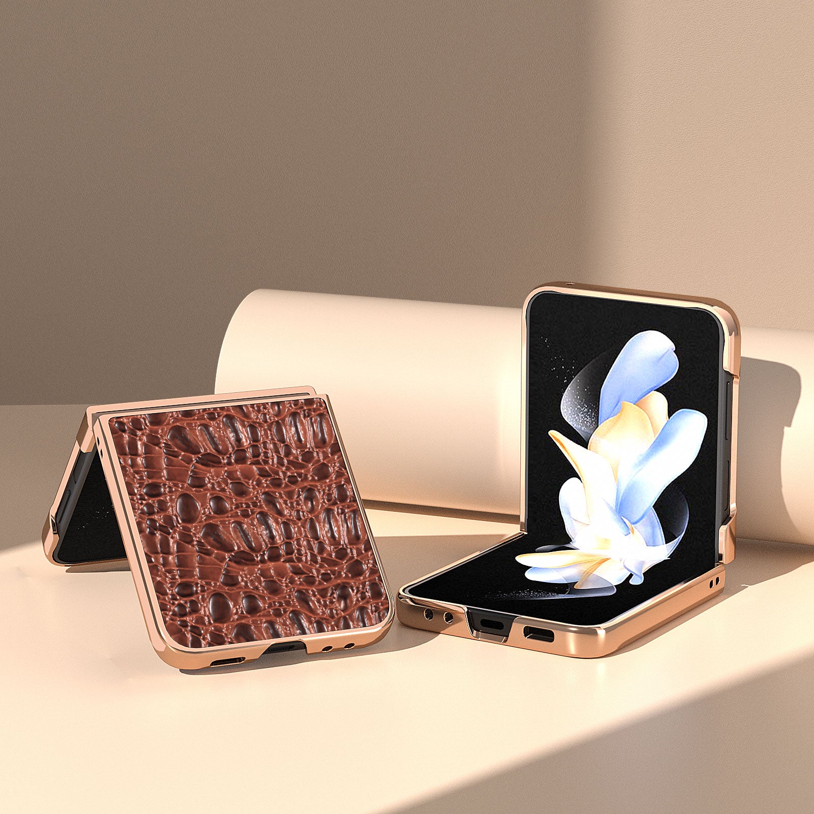 For Samsung Galaxy Z Flip5 5G Genuine Cow Leather Coated PC Case Canopy Texture Electroplating Phone Cover