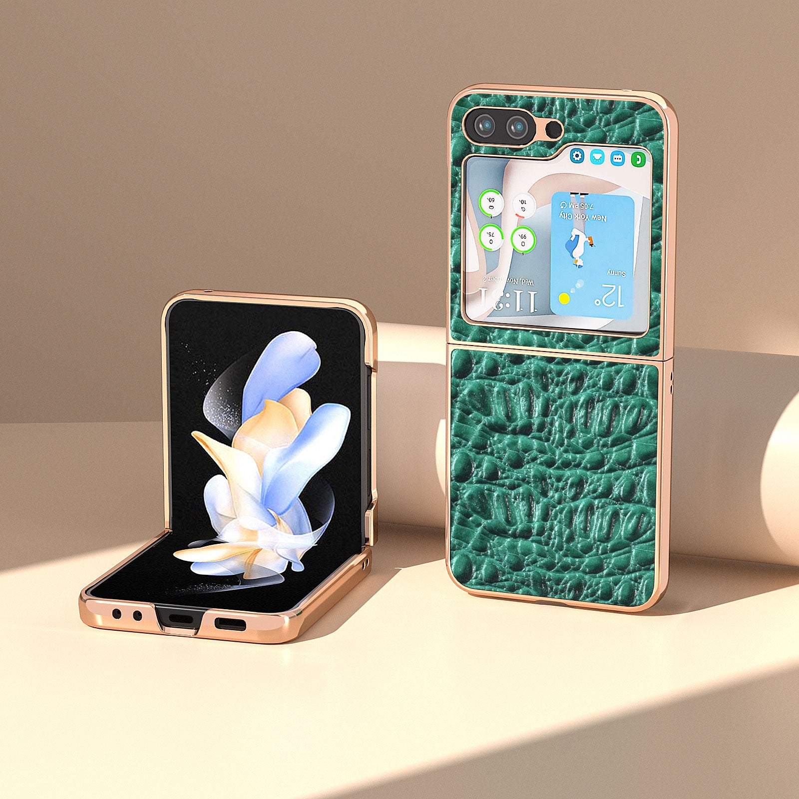 For Samsung Galaxy Z Flip5 5G Genuine Cow Leather Coated PC Case Canopy Texture Electroplating Phone Cover