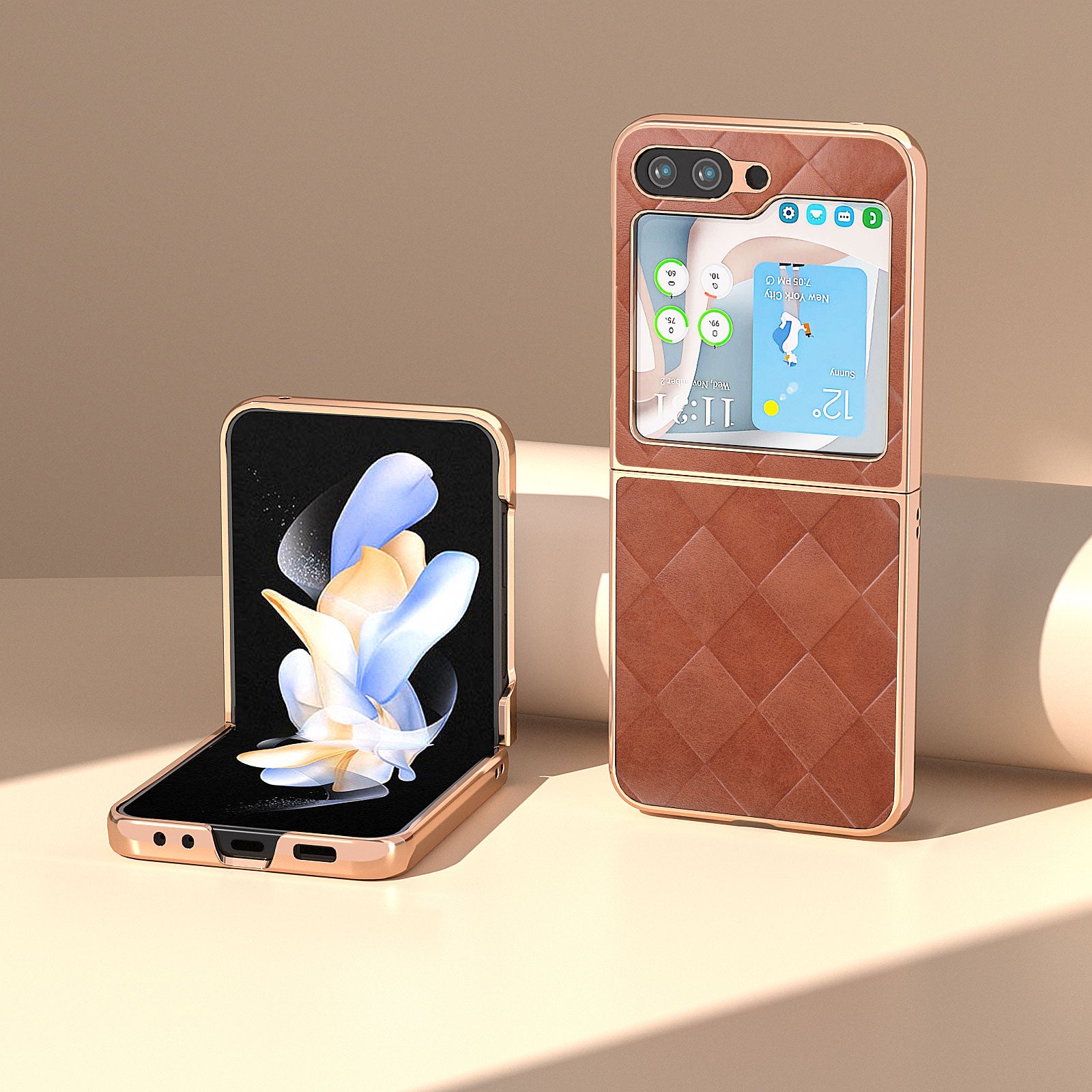 For Samsung Galaxy Z Flip5 5G Grid Texture Electroplating Case PU Leather Coated PC Phone Cover