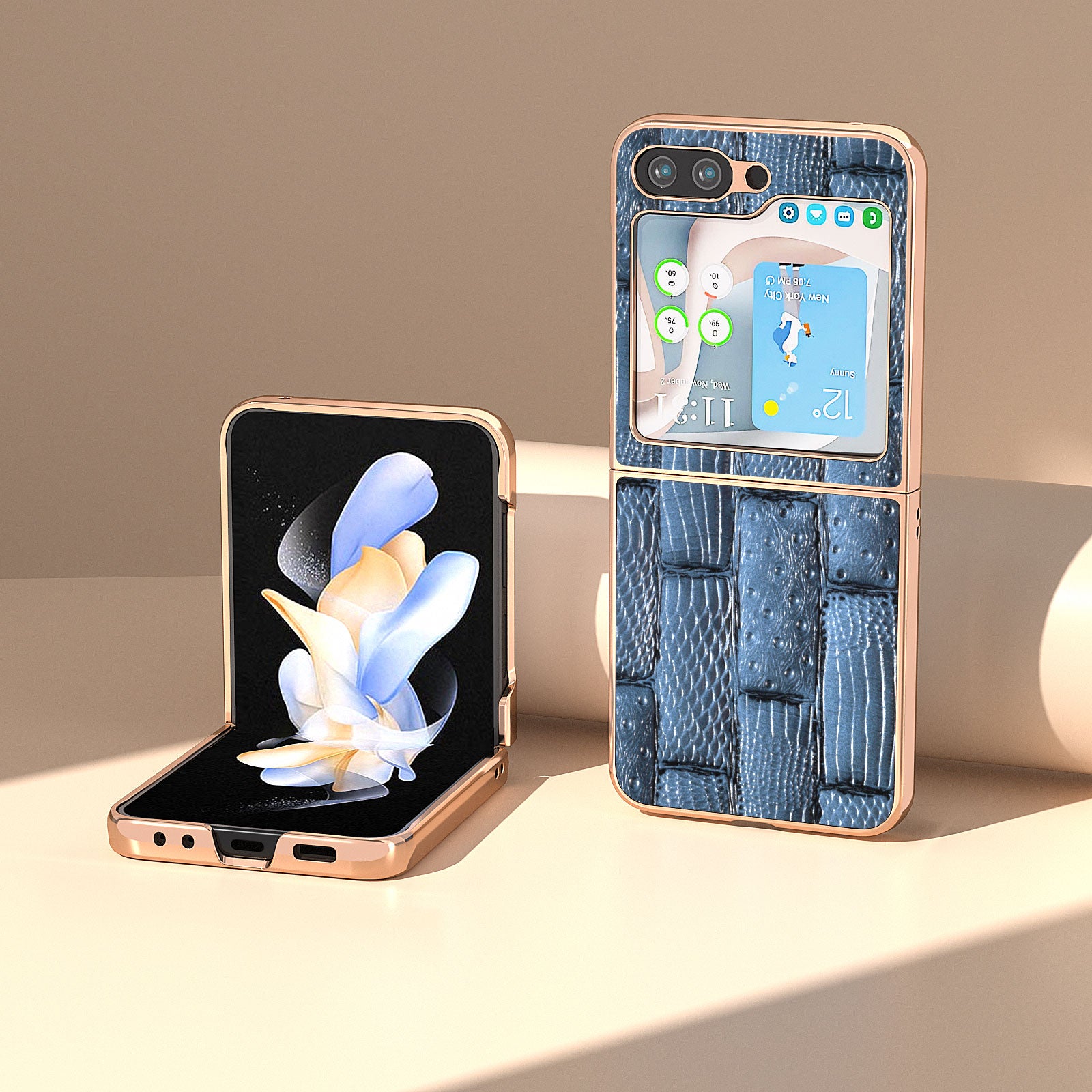 For Samsung Galaxy Z Flip5 5G Mahjong Texture Electroplating Phone Cover Genuine Cow Leather Coated PC Back Case