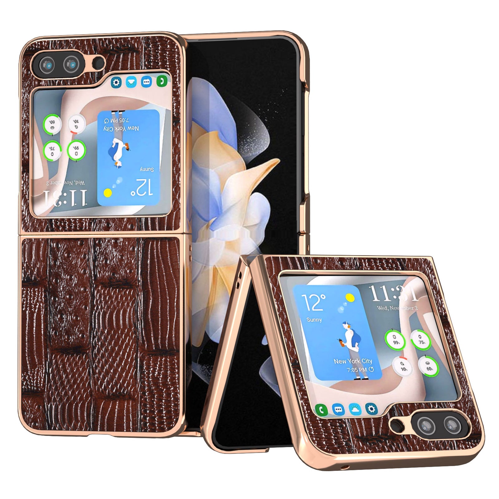 For Samsung Galaxy Z Flip5 5G Mahjong Texture Electroplating Phone Cover Genuine Cow Leather Coated PC Back Case