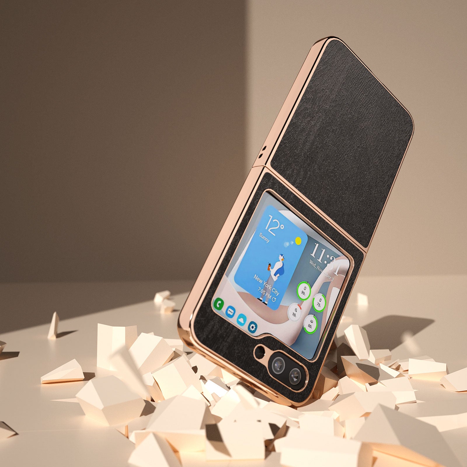 For Samsung Galaxy Z Flip5 5G Electroplating Phone Case PU Leather Coated PC Wood Grain Cover