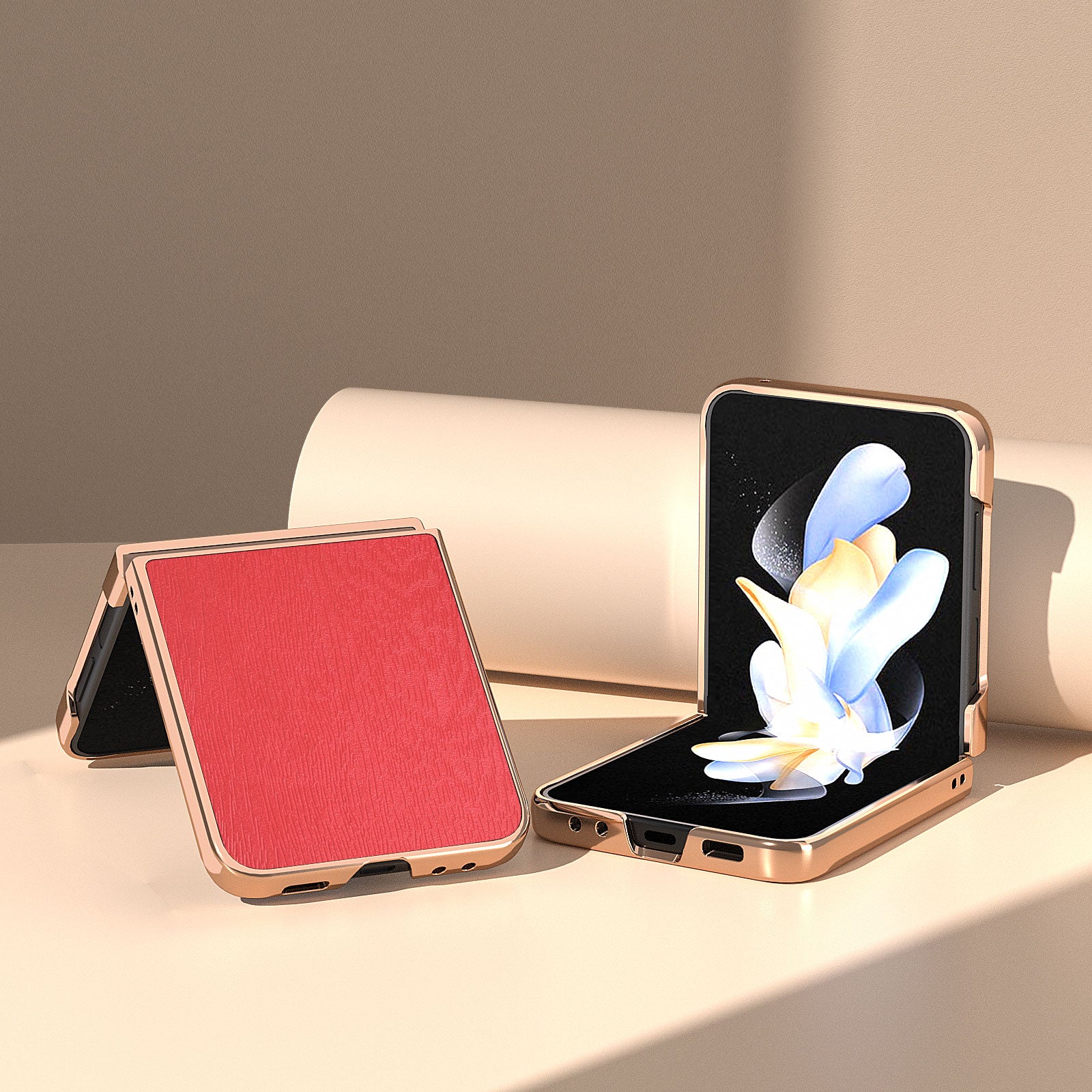 For Samsung Galaxy Z Flip5 5G Electroplating Phone Case PU Leather Coated PC Wood Grain Cover