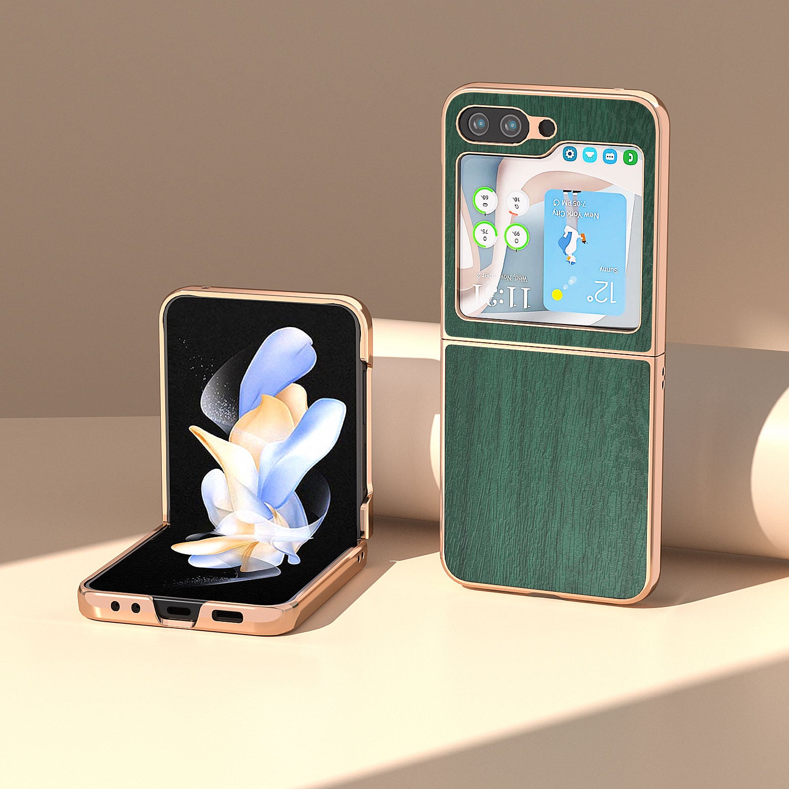 For Samsung Galaxy Z Flip5 5G Electroplating Phone Case PU Leather Coated PC Wood Grain Cover