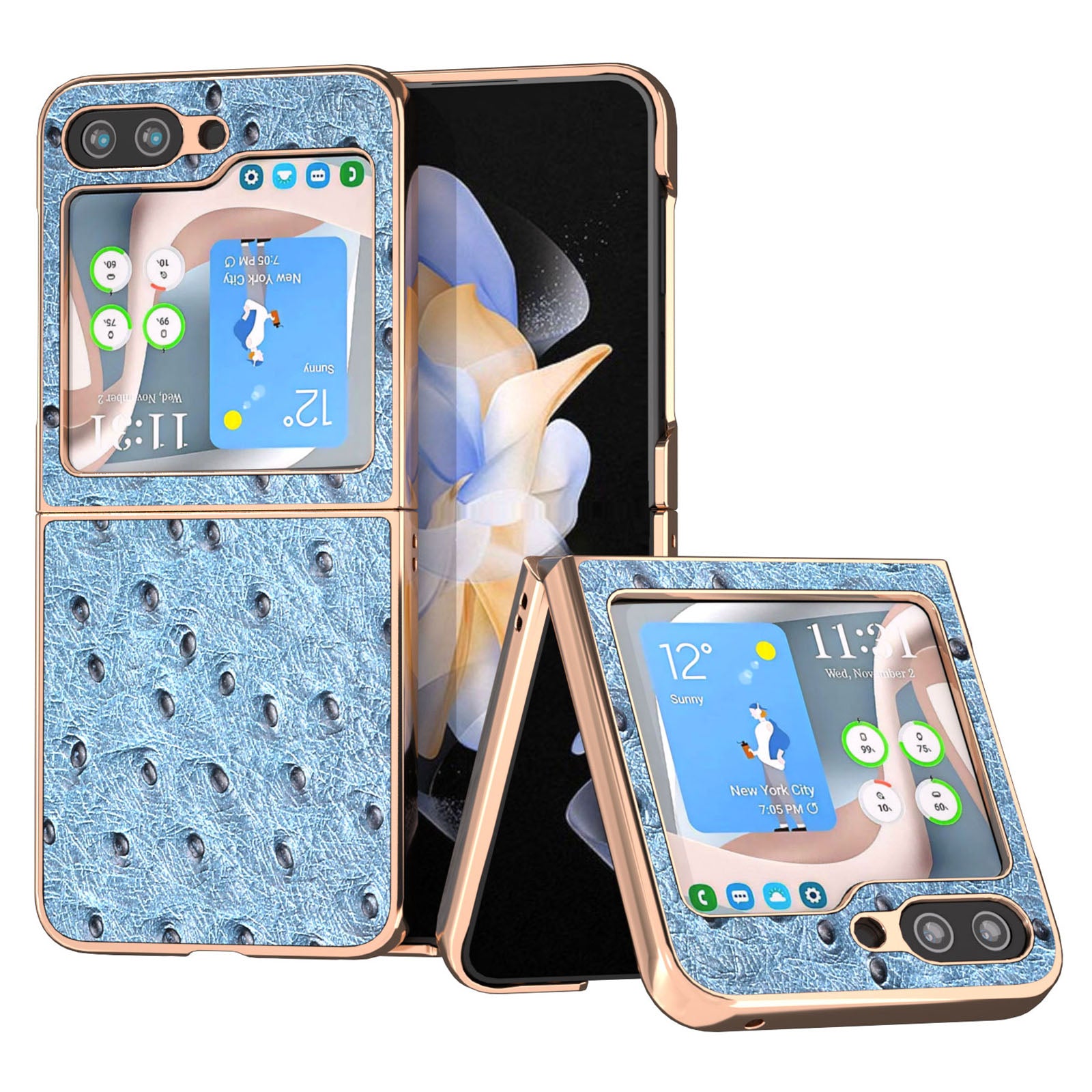 For Samsung Galaxy Z Flip5 5G Phone Case Ostrich Texture Electroplating Genuine Cow Leather Coated PC Cover