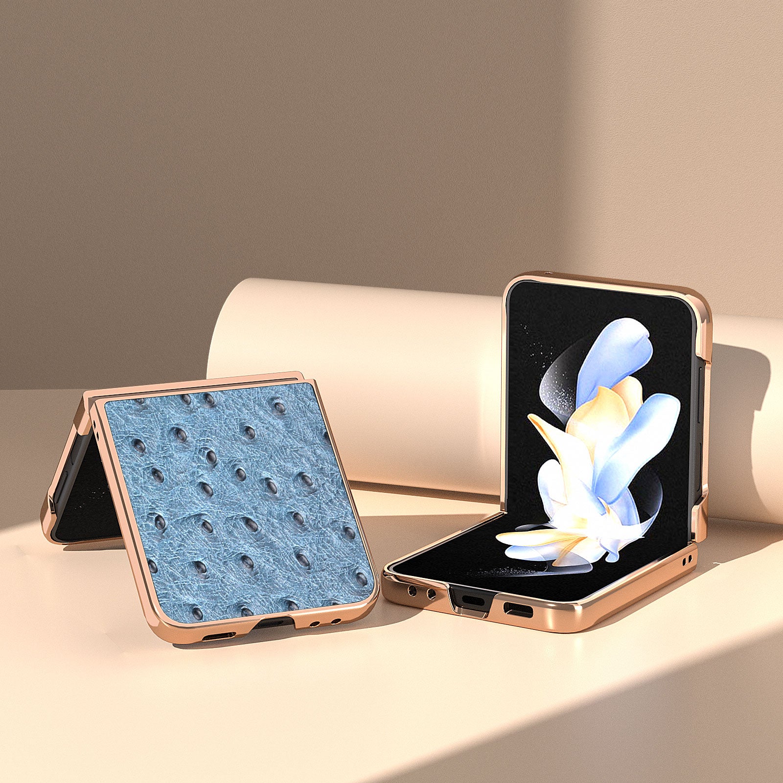 For Samsung Galaxy Z Flip5 5G Phone Case Ostrich Texture Electroplating Genuine Cow Leather Coated PC Cover