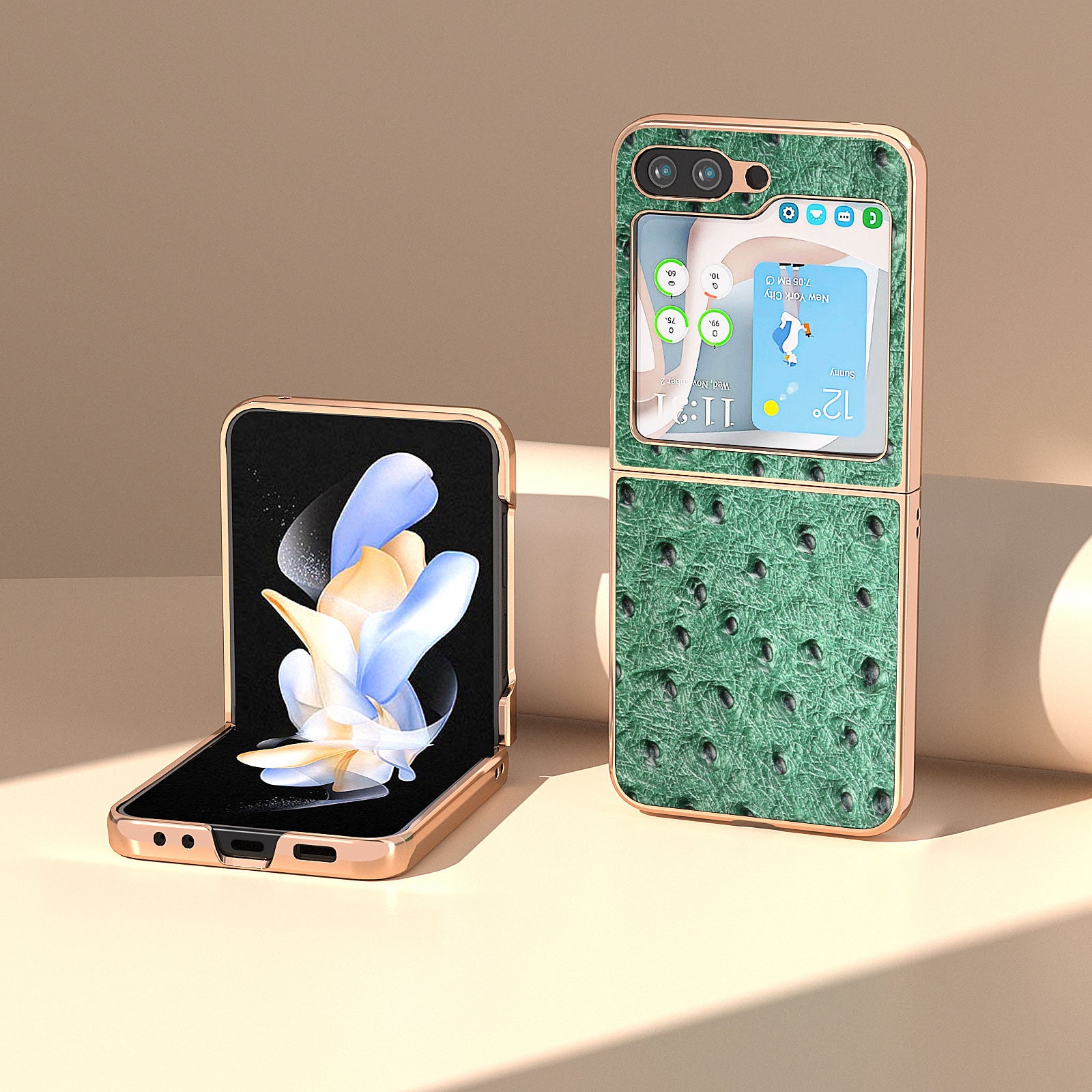 For Samsung Galaxy Z Flip5 5G Phone Case Ostrich Texture Electroplating Genuine Cow Leather Coated PC Cover