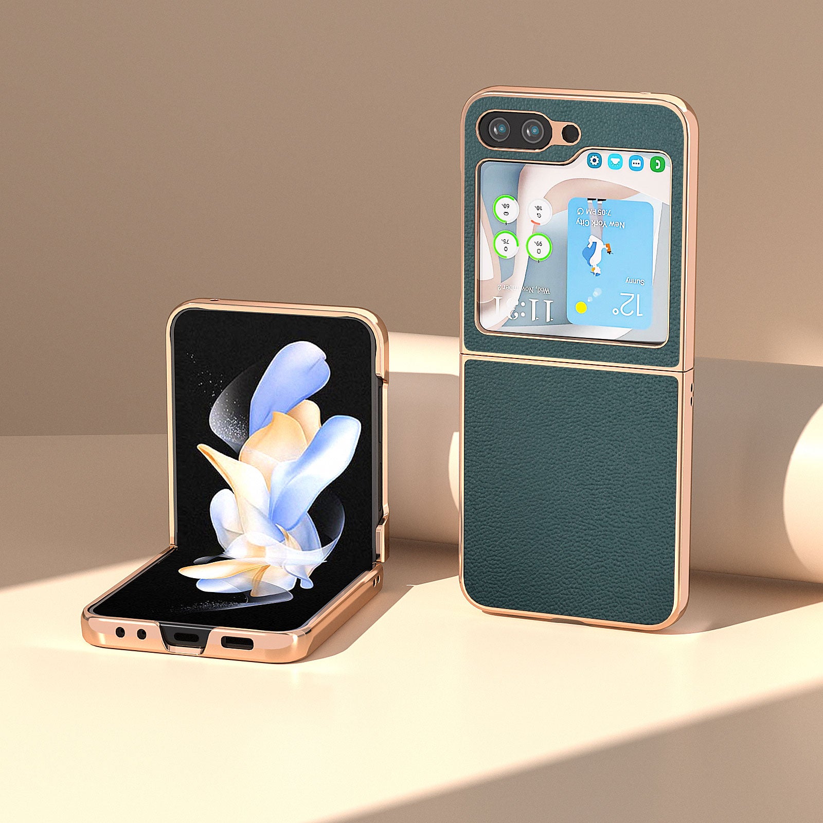 For Samsung Galaxy Z Flip5 5G Litchi Texture Non-Slip Case Genuine Cow Leather PC Electroplating Phone Cover