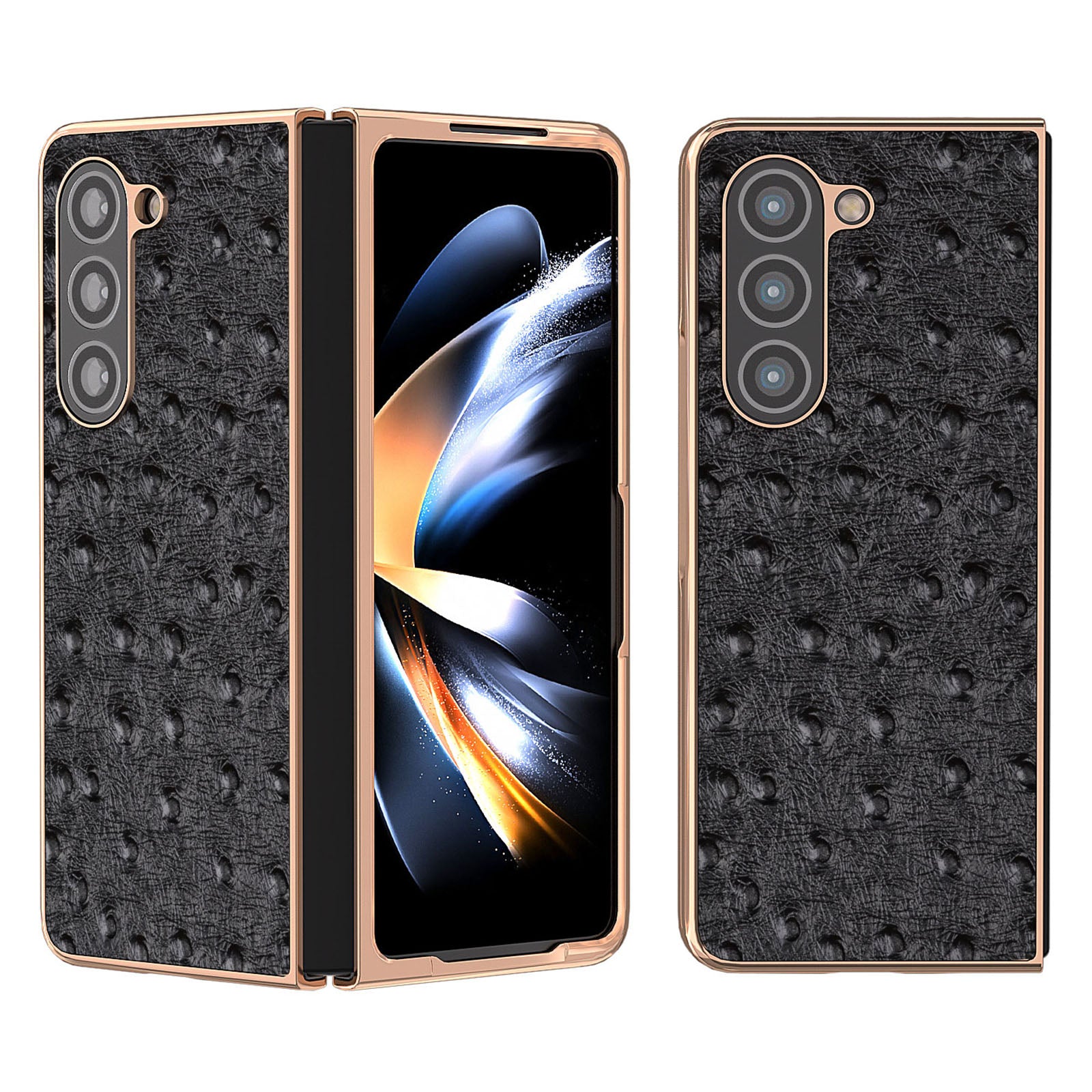 For Samsung Galaxy Z Fold5 5G Ostrich Texture Phone Case Electroplating Genuine Cow Leather Coated PC Cover