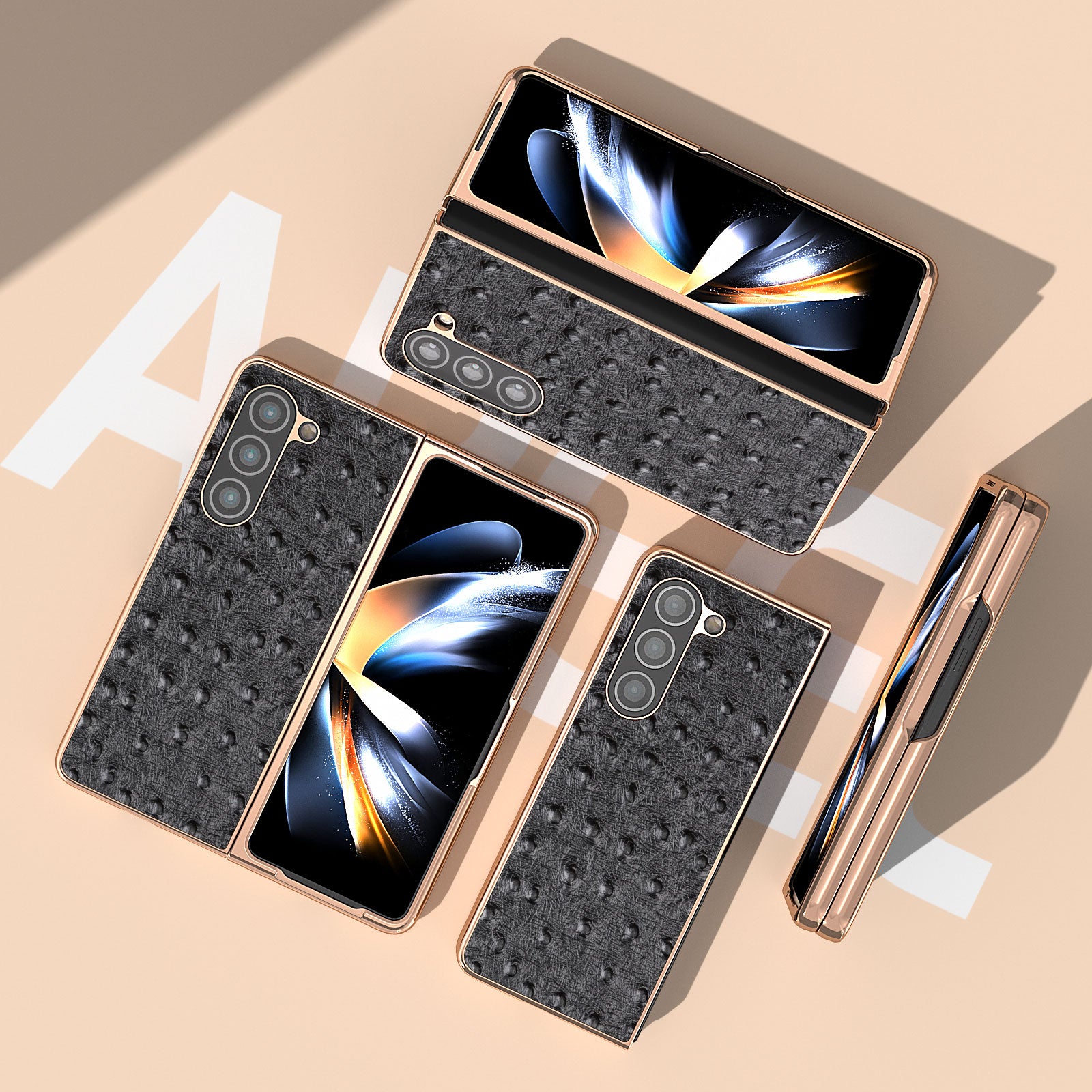 For Samsung Galaxy Z Fold5 5G Ostrich Texture Phone Case Electroplating Genuine Cow Leather Coated PC Cover