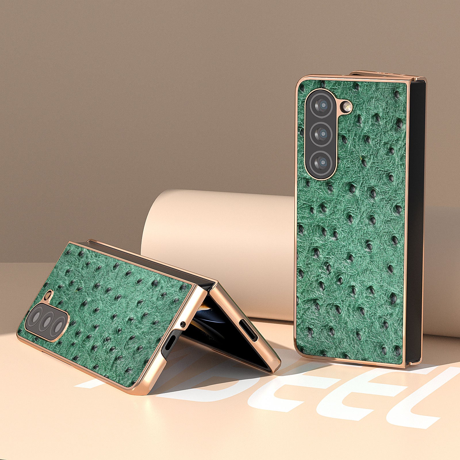 For Samsung Galaxy Z Fold5 5G Ostrich Texture Phone Case Electroplating Genuine Cow Leather Coated PC Cover