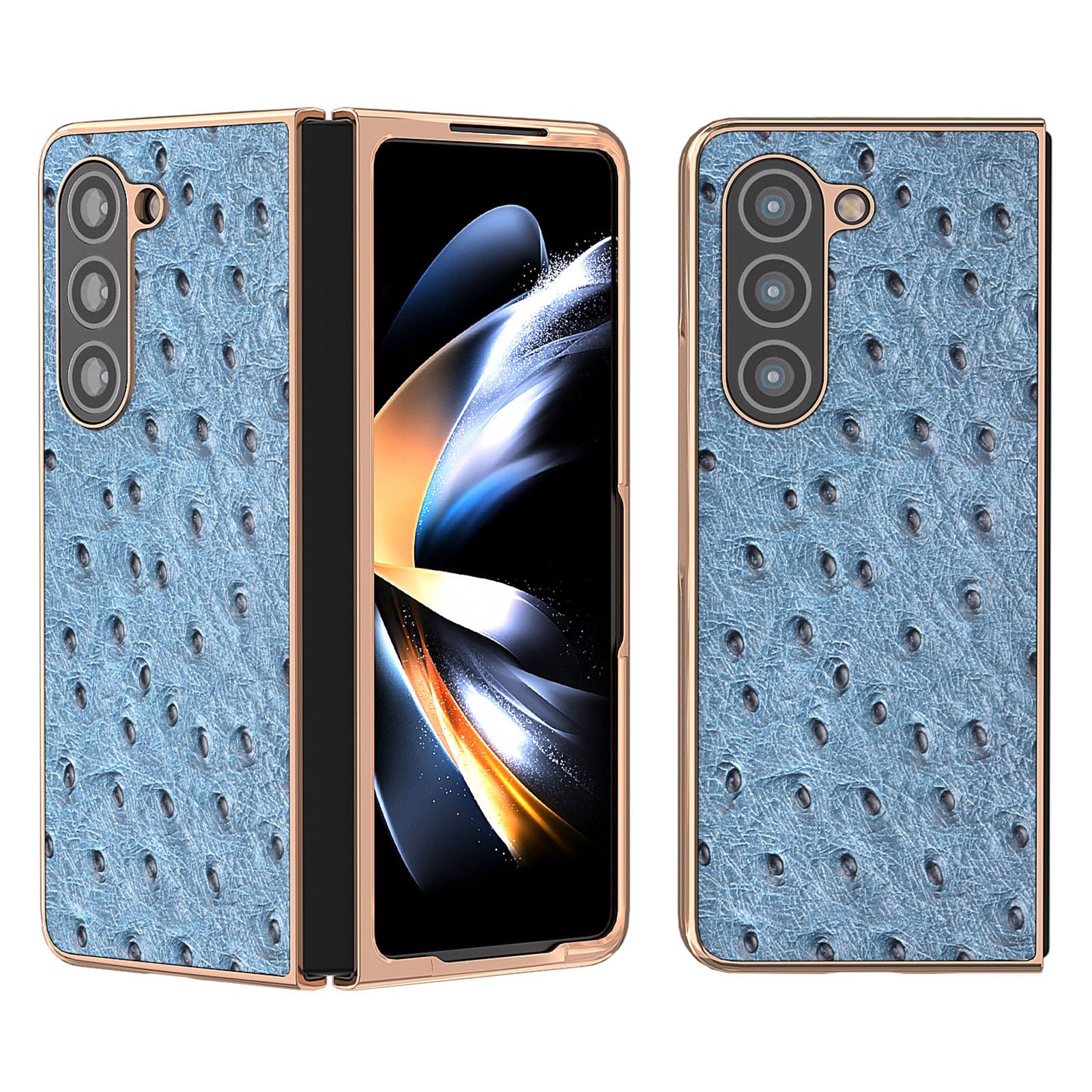 For Samsung Galaxy Z Fold5 5G Ostrich Texture Phone Case Electroplating Genuine Cow Leather Coated PC Cover