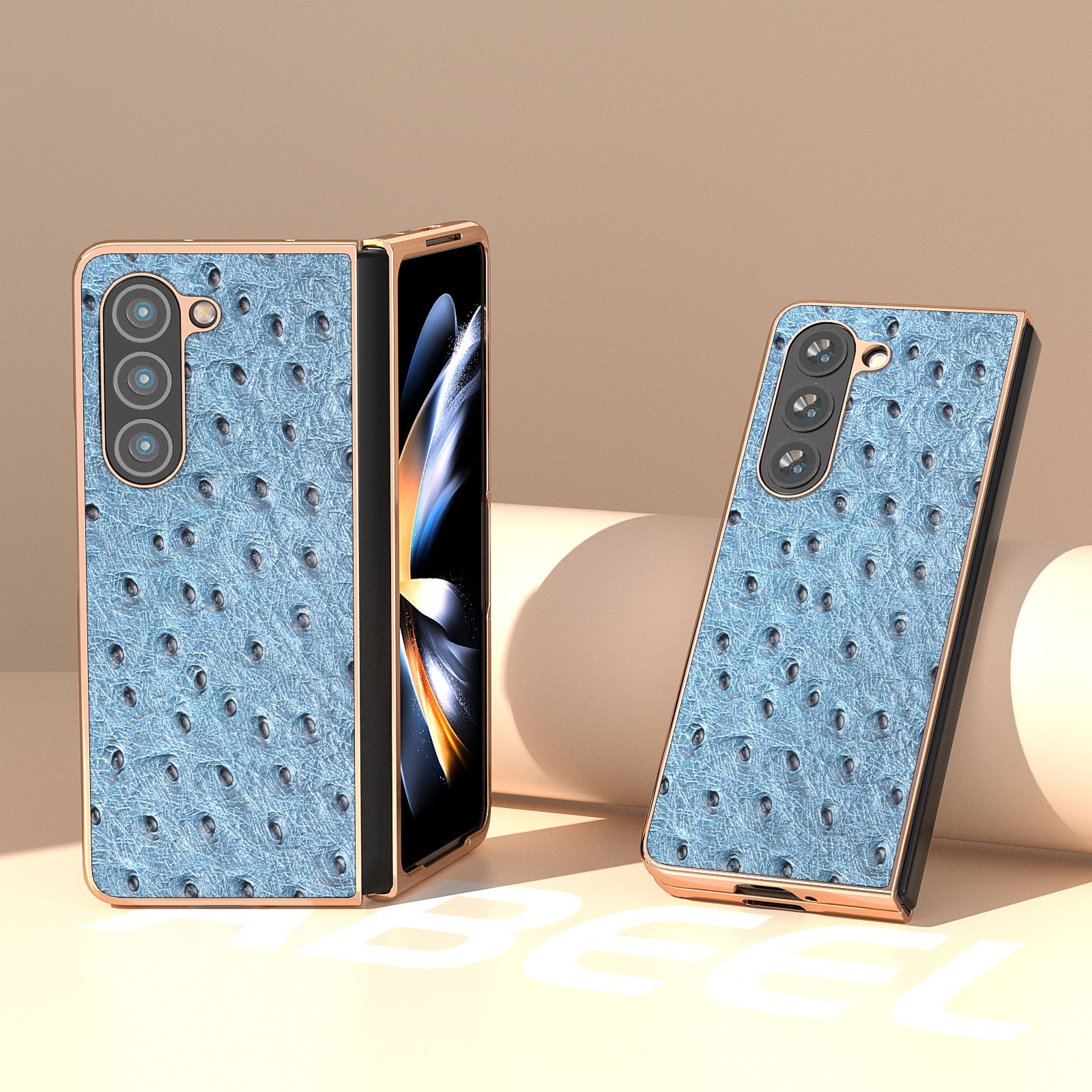 For Samsung Galaxy Z Fold5 5G Ostrich Texture Phone Case Electroplating Genuine Cow Leather Coated PC Cover