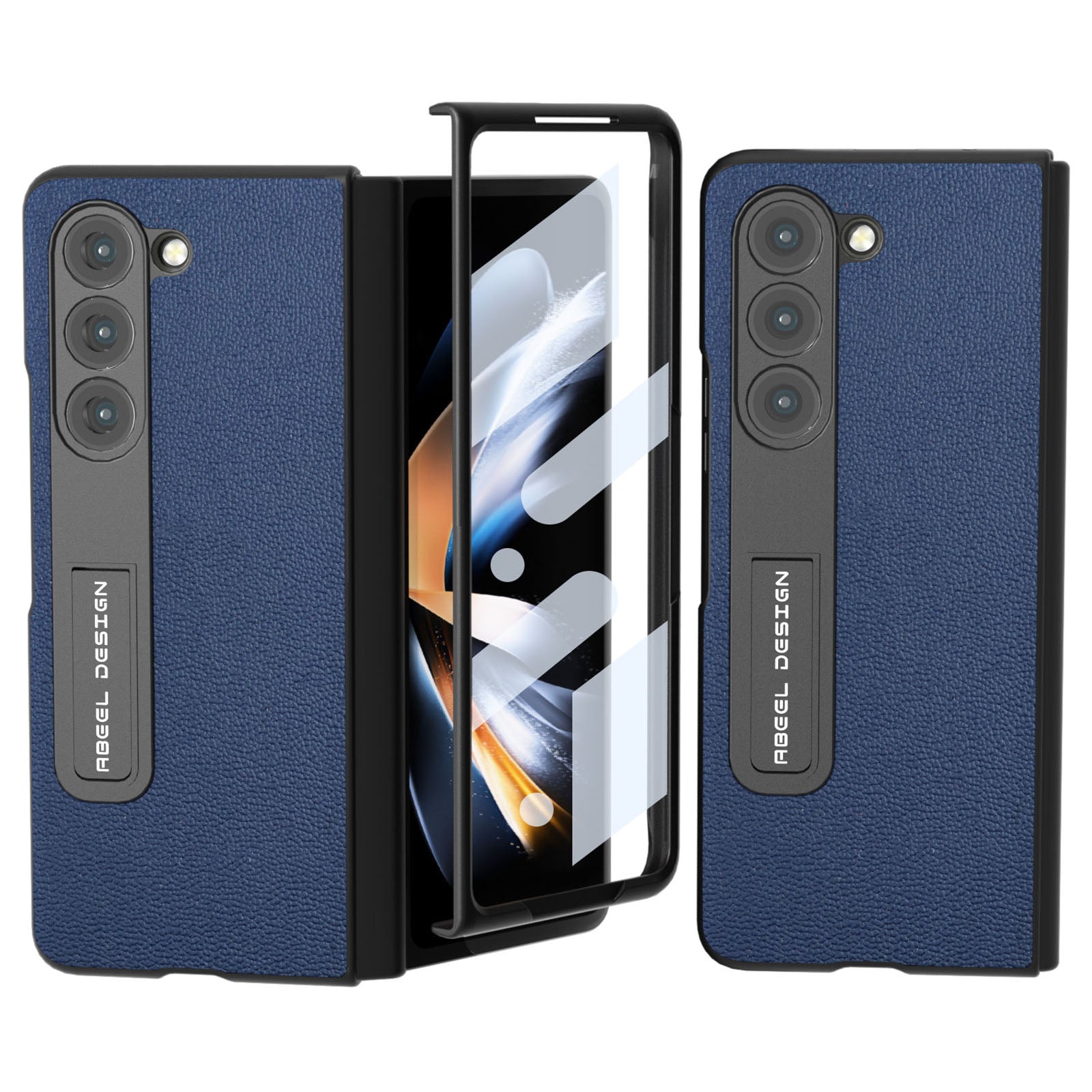 ABEEL For Samsung Galaxy Z Fold5 5G Genuine Cow Leather PC Back Cover Litchi Texture Kickstand Phone Case with Front Screen Film