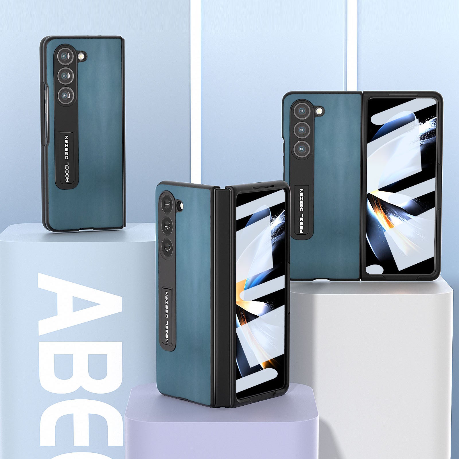 ABEEL For Samsung Galaxy Z Fold5 5G Kickstand Back Cover Nappa Texture Genuine Cow Leather PC Phone Case with Front Screen Film