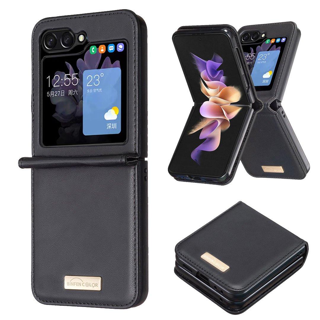 BINFEN COLOR For Samsung Galaxy Z Flip5 5G PU Leather PC Phone Case Ultra Slim Shockproof Protective Cover