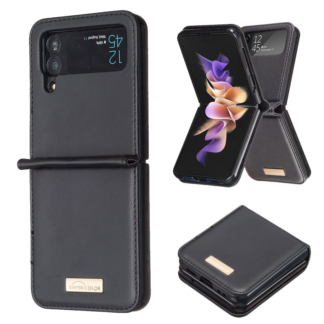 BINFEN COLOR For Samsung Galaxy Z Flip4 5G PU Leather Hard PC Shell Slim Protective Phone Case Cover