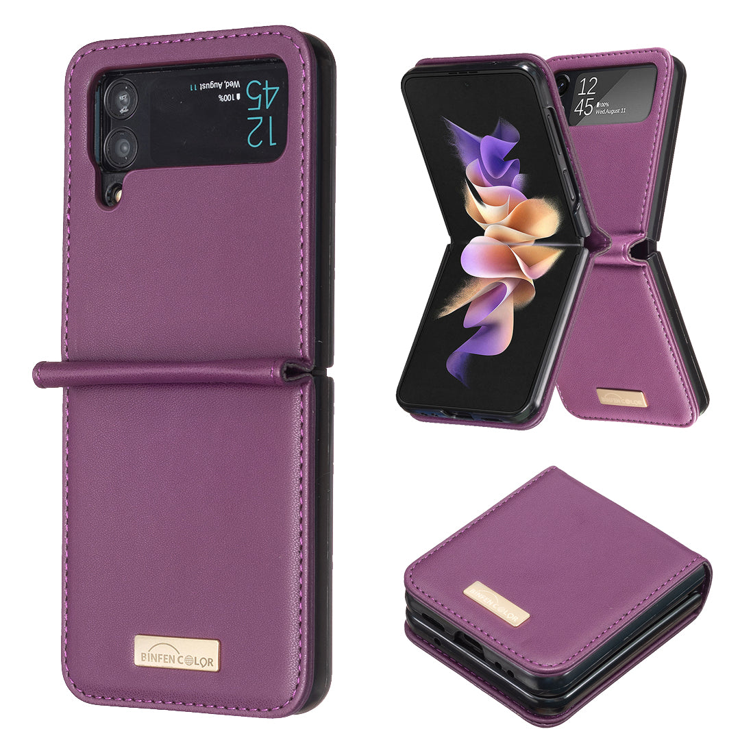 BINFEN COLOR For Samsung Galaxy Z Flip4 5G PU Leather Hard PC Shell Slim Protective Phone Case Cover