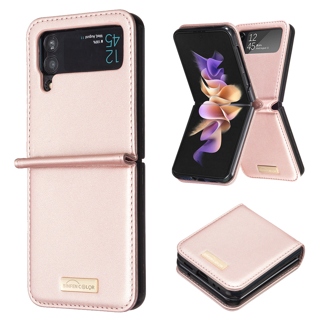 BINFEN COLOR For Samsung Galaxy Z Flip4 5G PU Leather Hard PC Shell Slim Protective Phone Case Cover