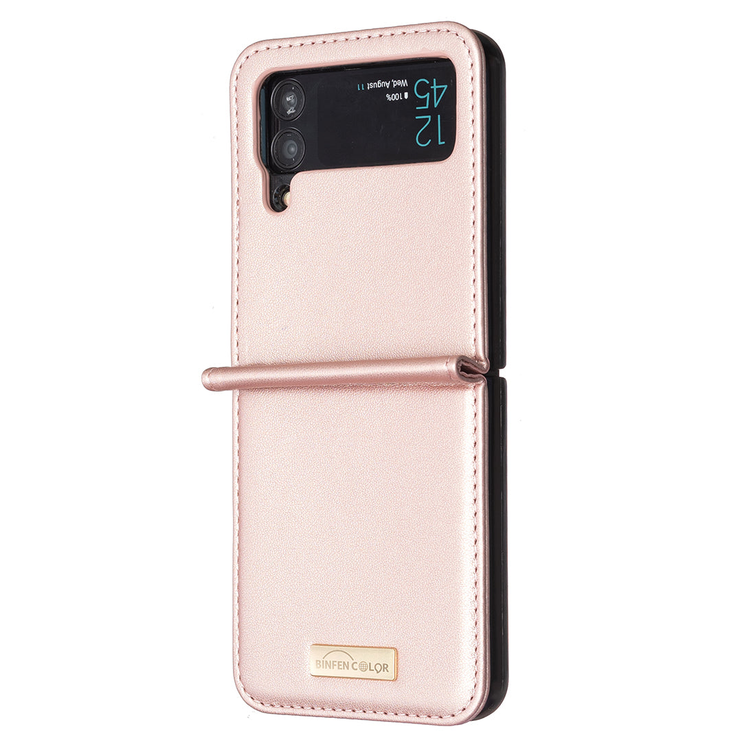 BINFEN COLOR For Samsung Galaxy Z Flip4 5G PU Leather Hard PC Shell Slim Protective Phone Case Cover