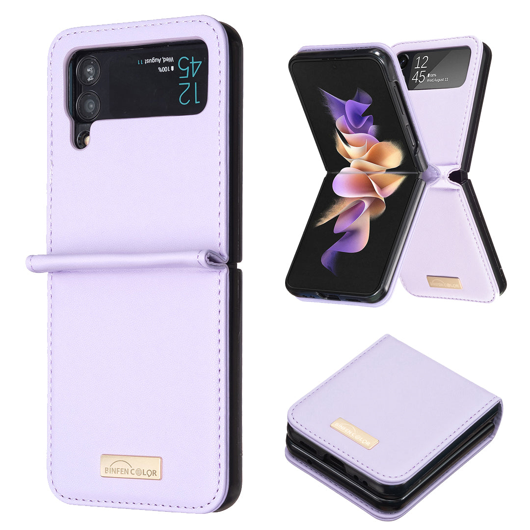 BINFEN COLOR For Samsung Galaxy Z Flip4 5G PU Leather Hard PC Shell Slim Protective Phone Case Cover
