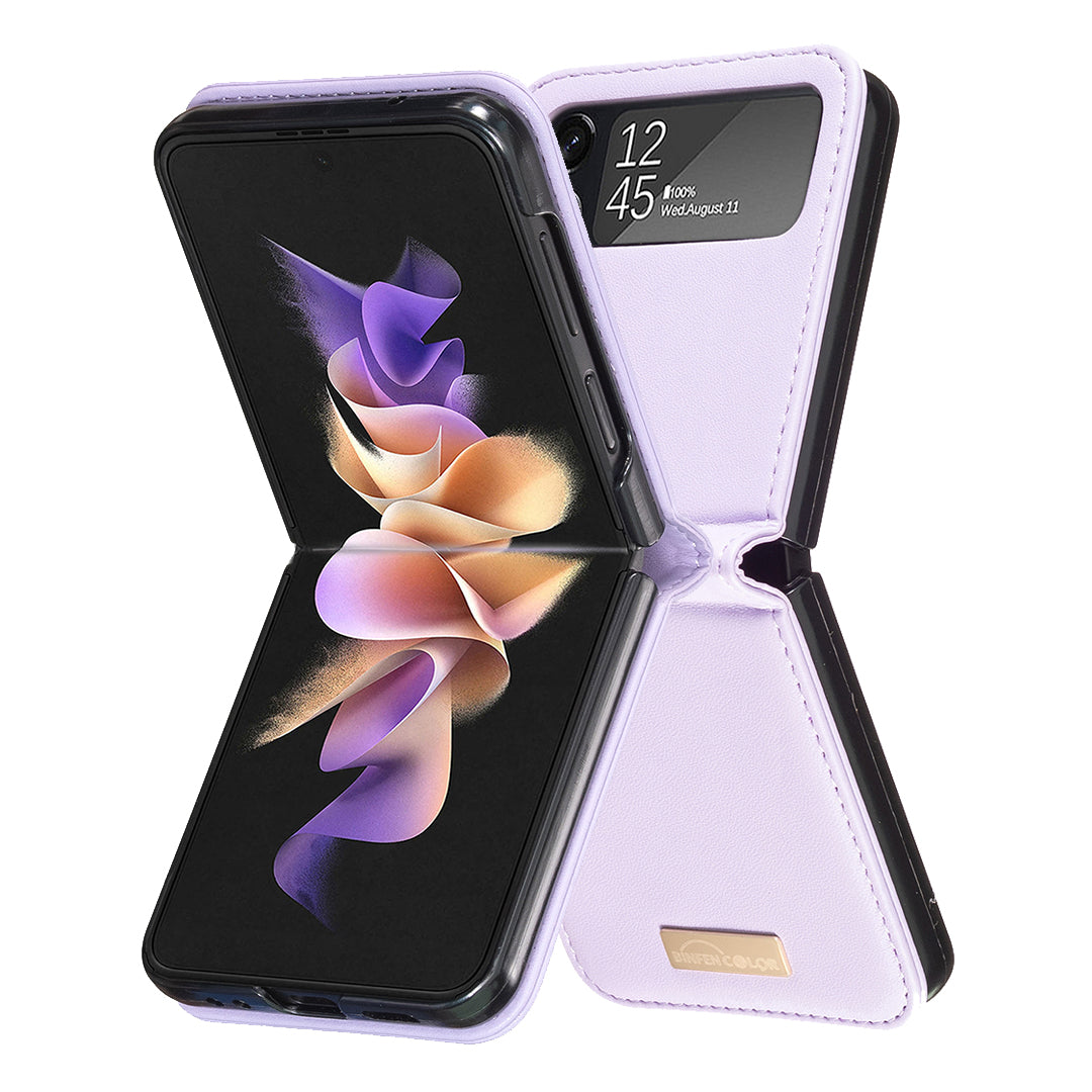BINFEN COLOR For Samsung Galaxy Z Flip4 5G PU Leather Hard PC Shell Slim Protective Phone Case Cover