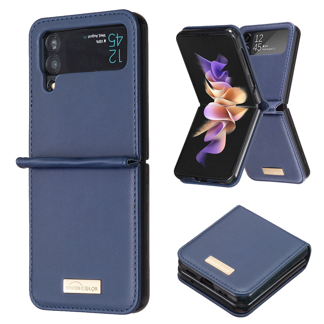 BINFEN COLOR For Samsung Galaxy Z Flip4 5G PU Leather Hard PC Shell Slim Protective Phone Case Cover