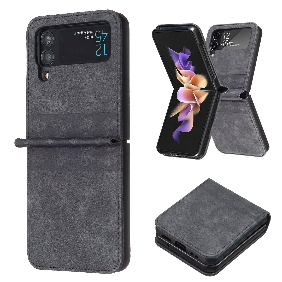 For Samsung Galaxy Z Flip3 5G Grid Pattern Imprinted Phone Case PU Leather PC Shockproof Cover