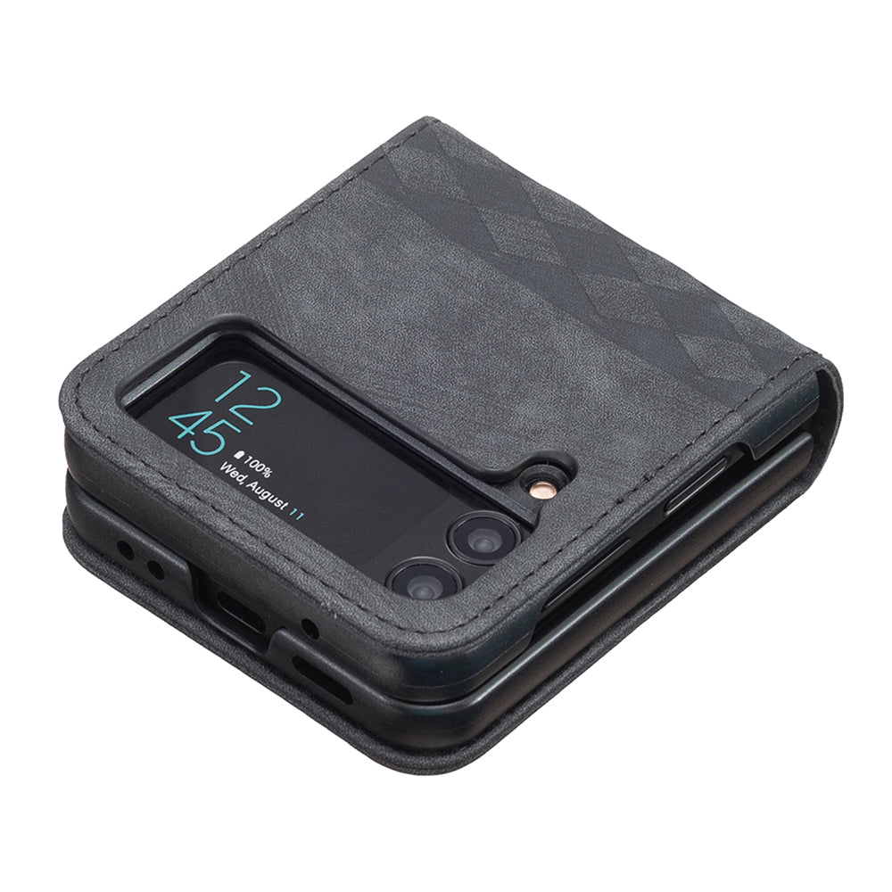 For Samsung Galaxy Z Flip3 5G Grid Pattern Imprinted Phone Case PU Leather PC Shockproof Cover