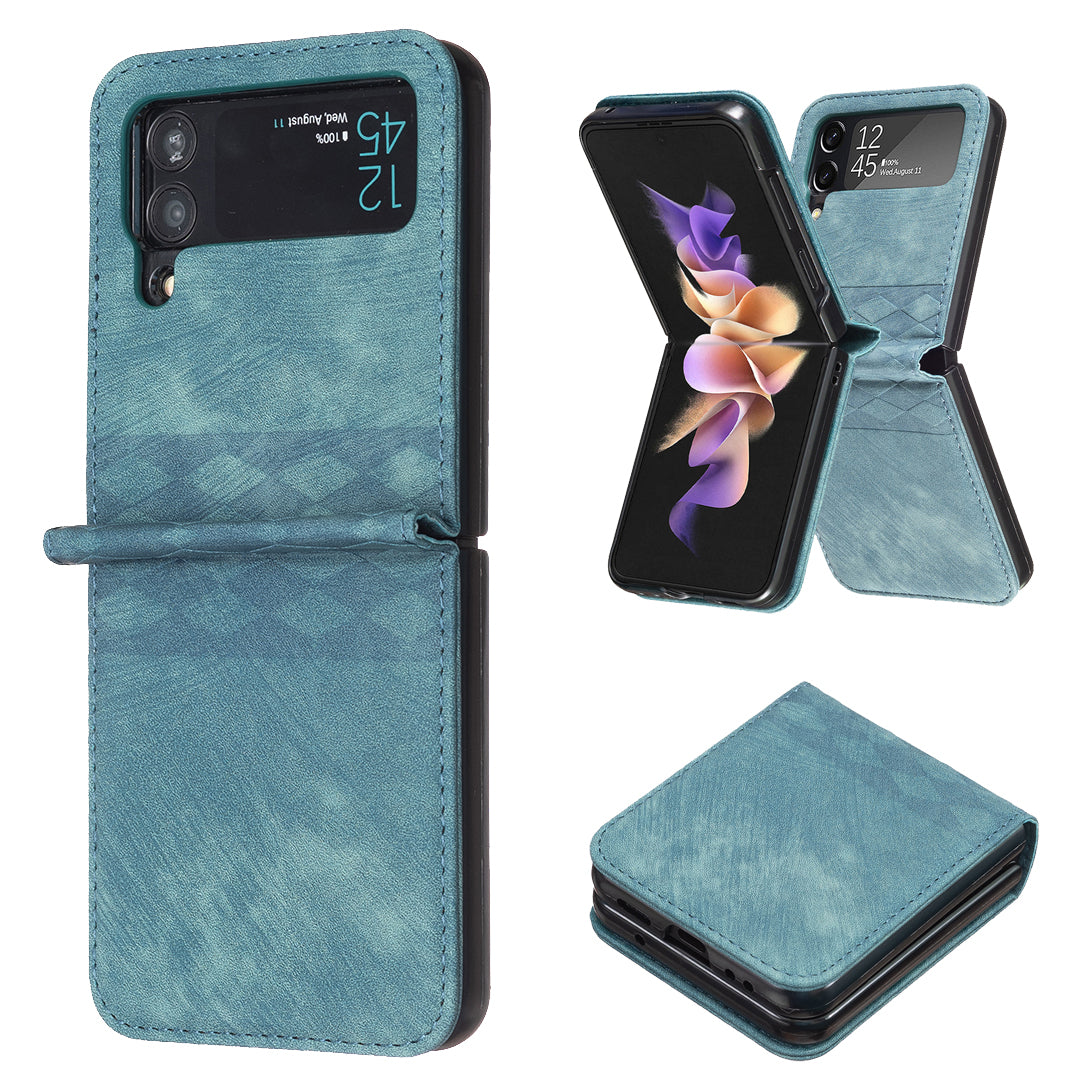 For Samsung Galaxy Z Flip3 5G Grid Pattern Imprinted Phone Case PU Leather PC Shockproof Cover