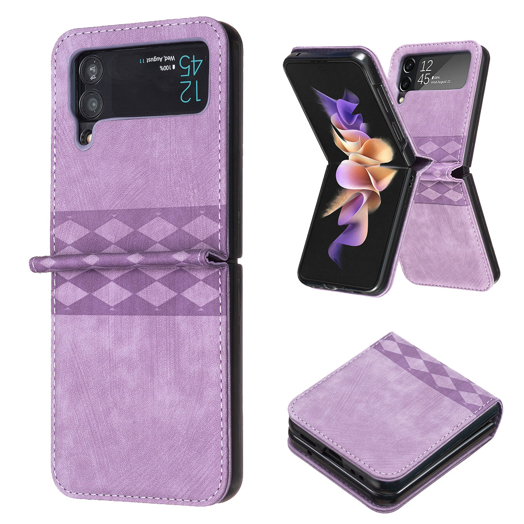 For Samsung Galaxy Z Flip3 5G Grid Pattern Imprinted Phone Case PU Leather PC Shockproof Cover