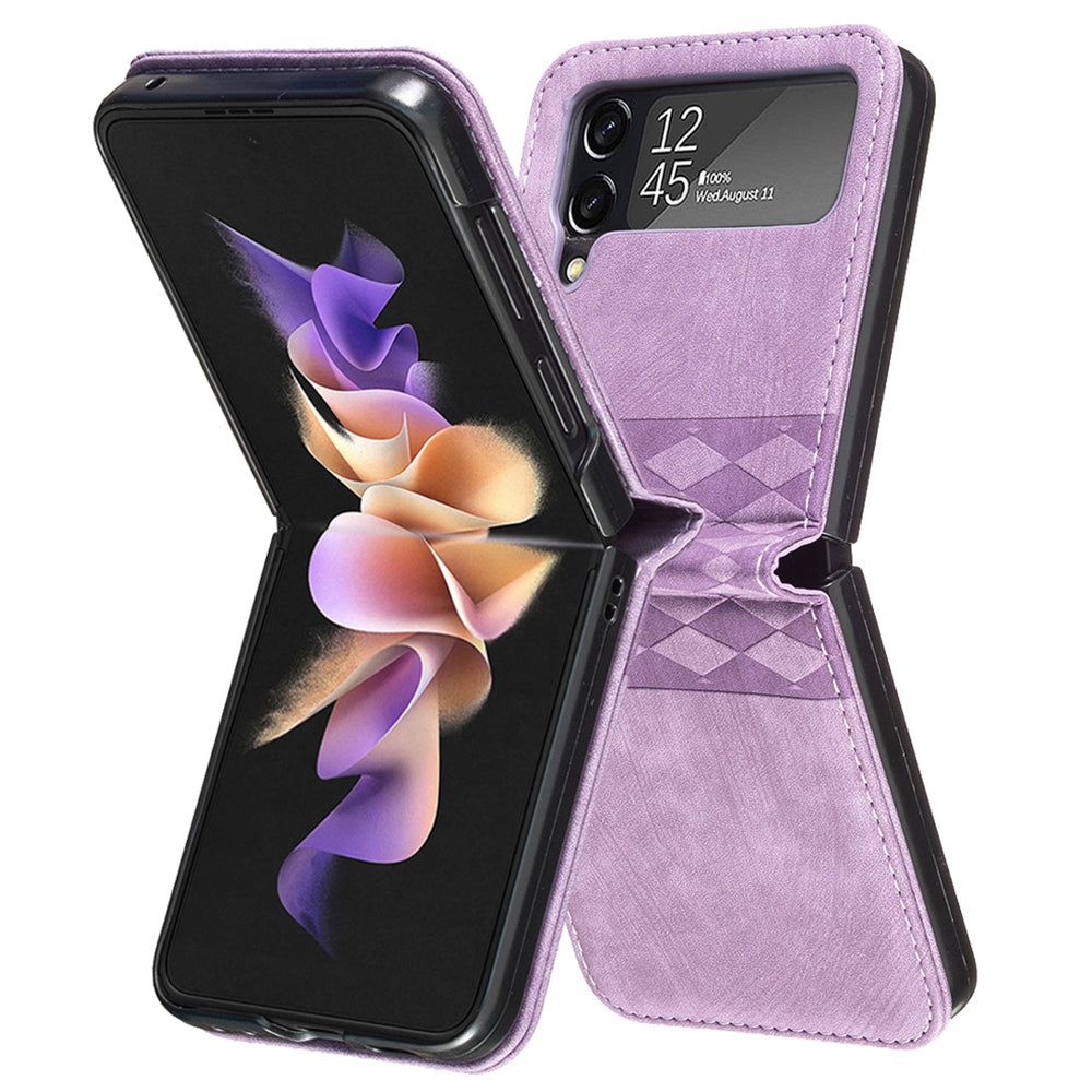 For Samsung Galaxy Z Flip3 5G Grid Pattern Imprinted Phone Case PU Leather PC Shockproof Cover