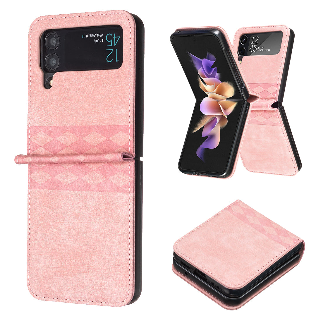 For Samsung Galaxy Z Flip3 5G Grid Pattern Imprinted Phone Case PU Leather PC Shockproof Cover
