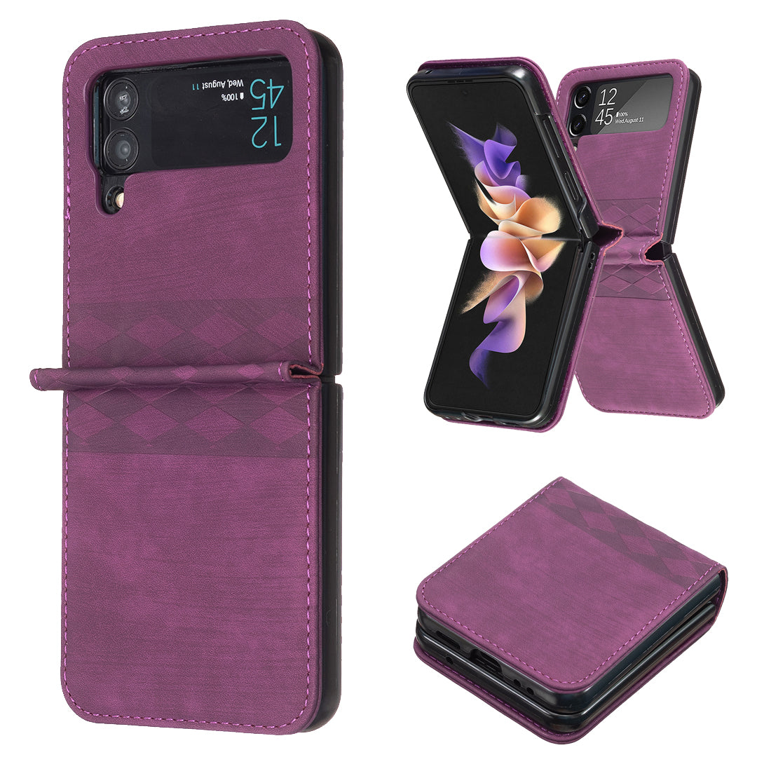 For Samsung Galaxy Z Flip4 5G Shockproof Phone Case PU Leather PC Grid Pattern Imprinted Cover