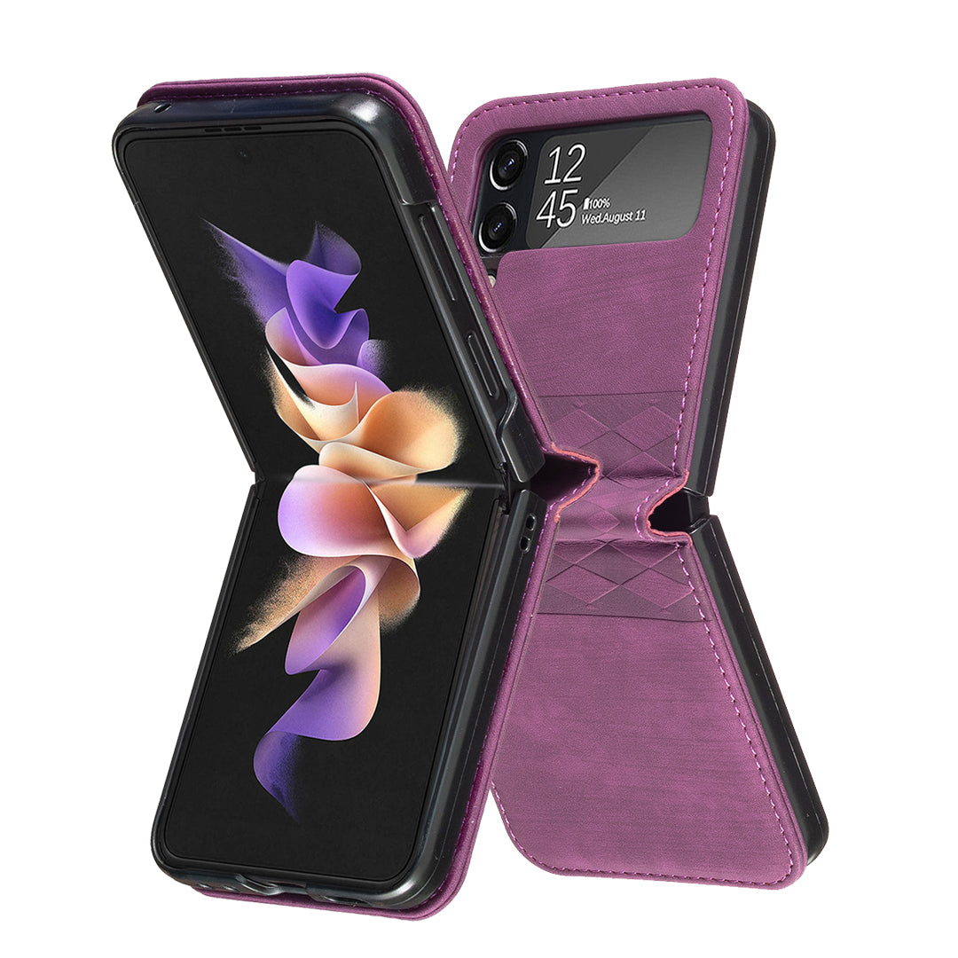 For Samsung Galaxy Z Flip4 5G Shockproof Phone Case PU Leather PC Grid Pattern Imprinted Cover
